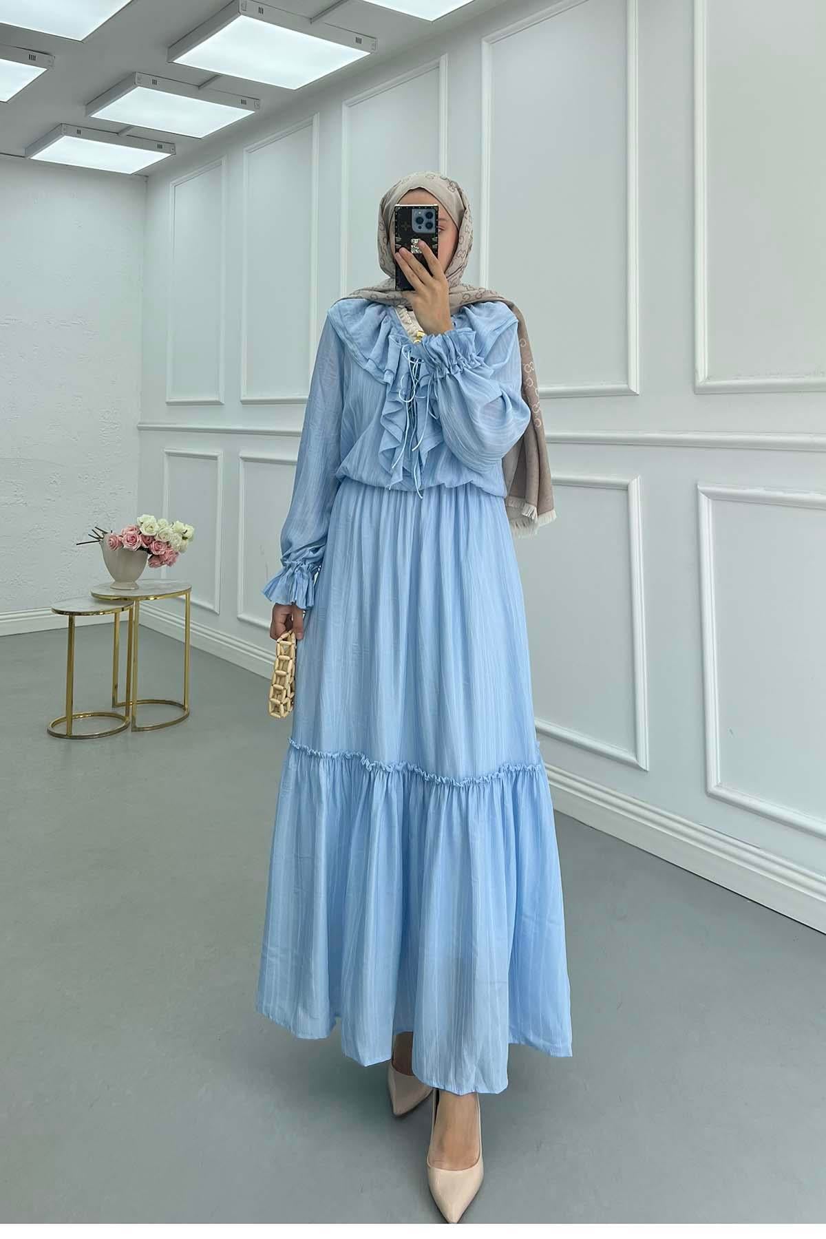 Fırfır Detaylı Beli Lastikli Elbise Bebe Mavi