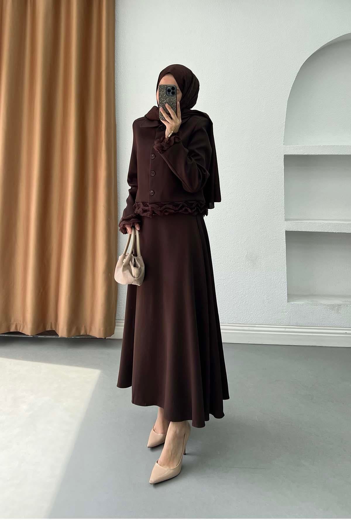 Fırfır Detaylı Elegant Döpiyes Takım Acı Kahve