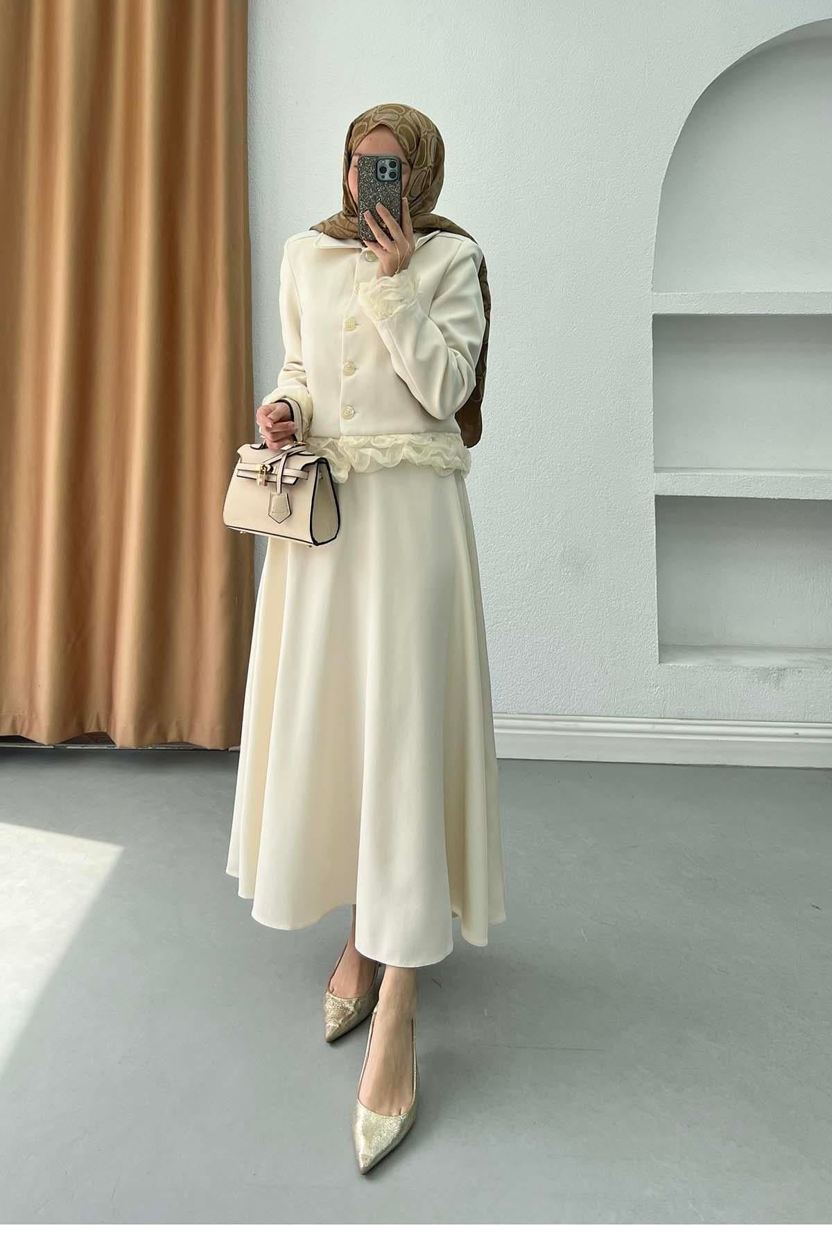 Fırfır Detaylı Elegant Döpiyes Takım Ekru