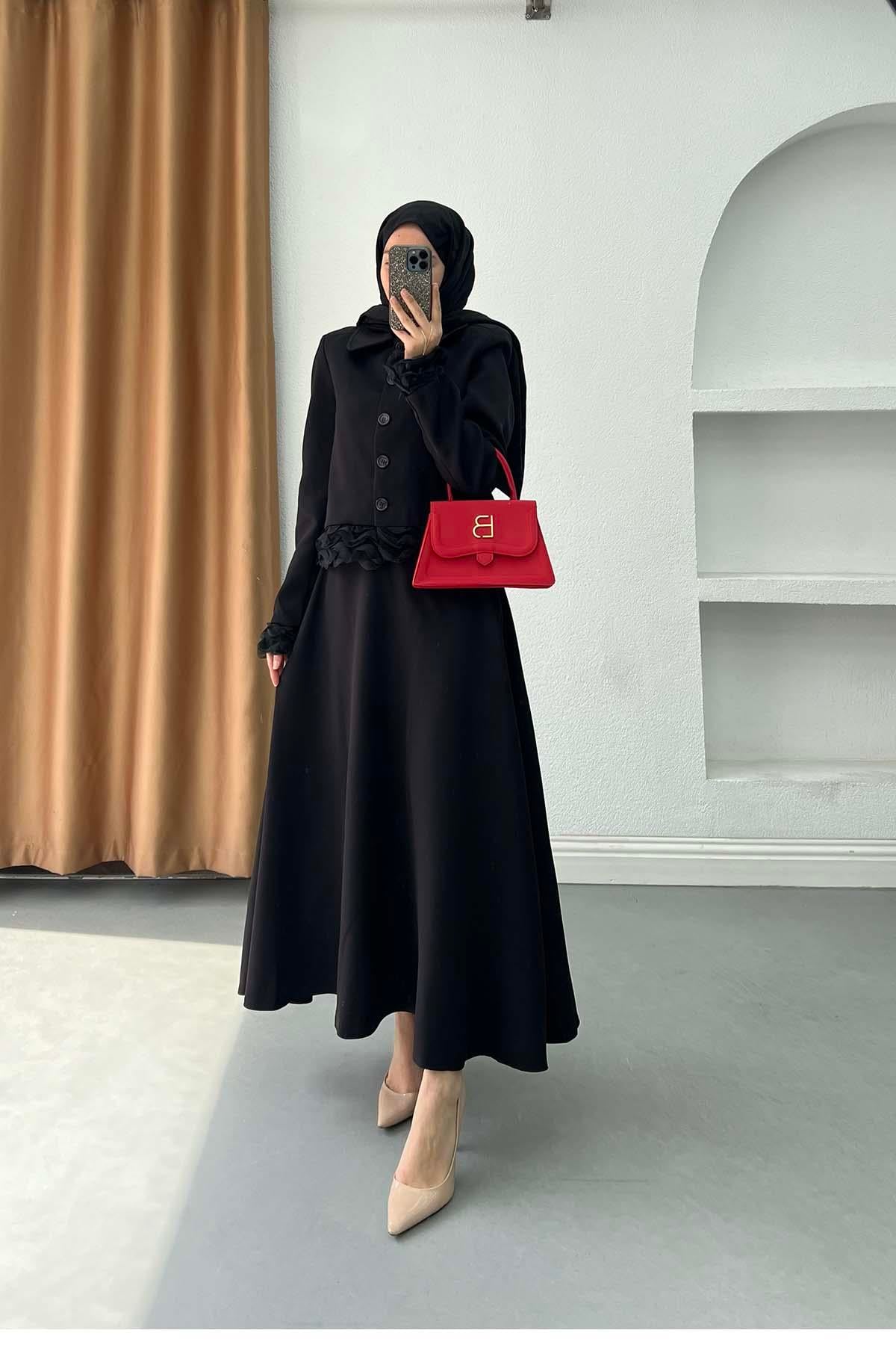Fırfır Detaylı Elegant Döpiyes Takım Siyah