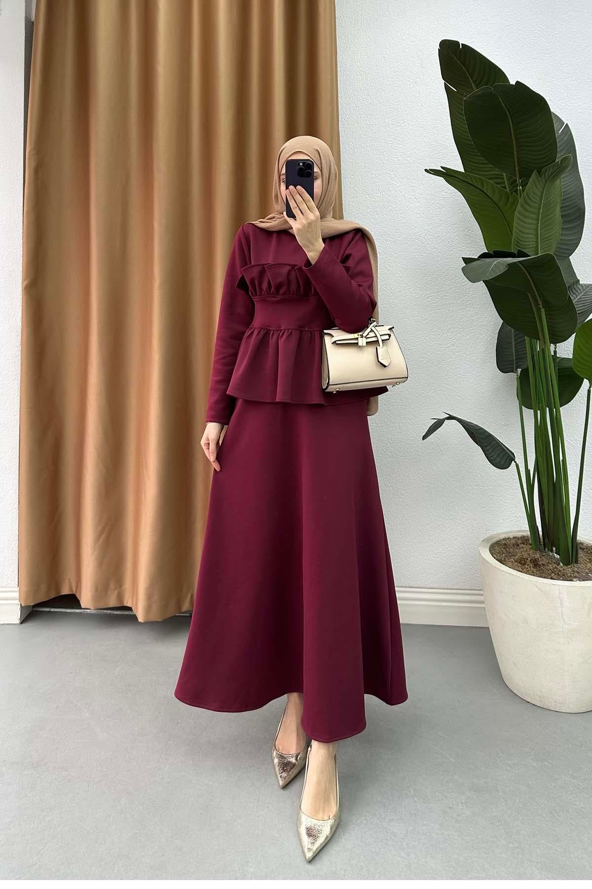 Fırfır Detaylı Etekli Takım Bordo