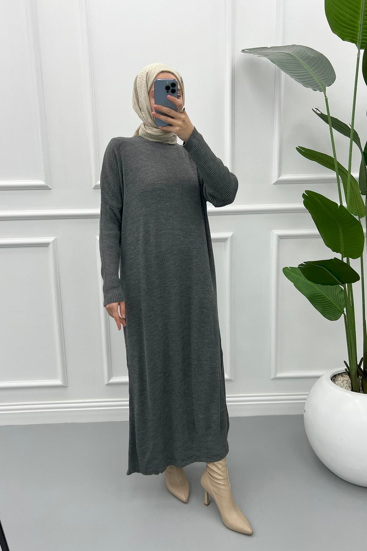 Fitilli Elbise Gri