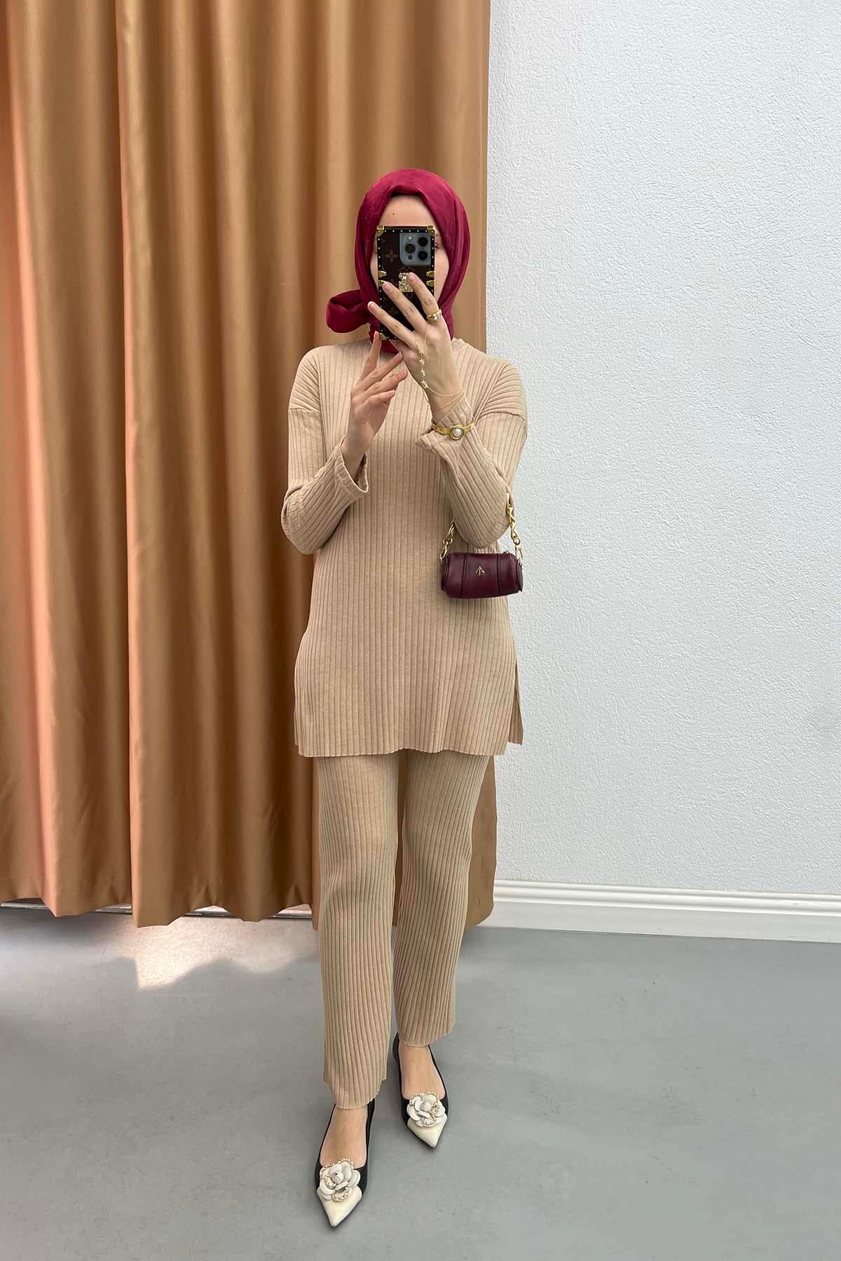 Fitilli İnce Triko Takım K.Bej