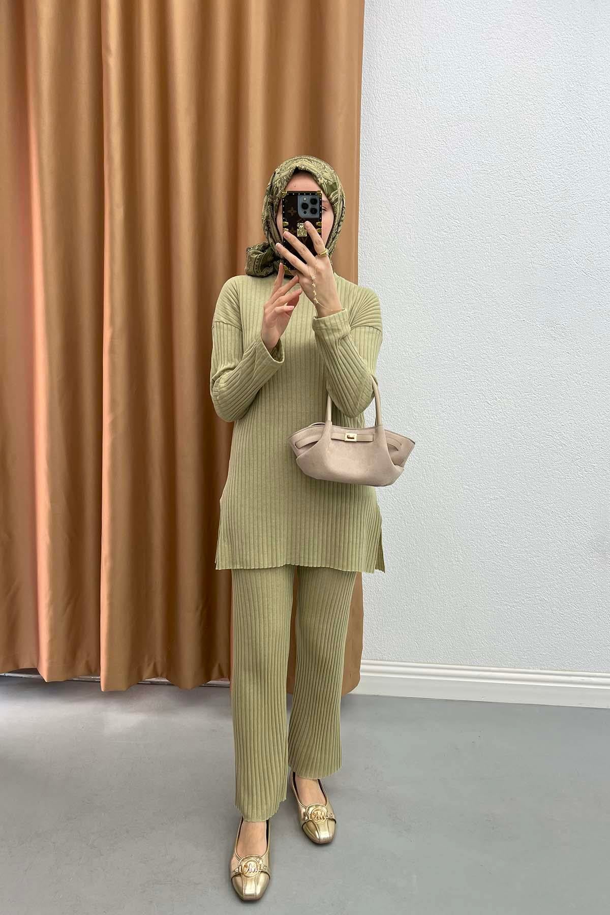 Fitilli İnce Triko Takım Soft Yeşil