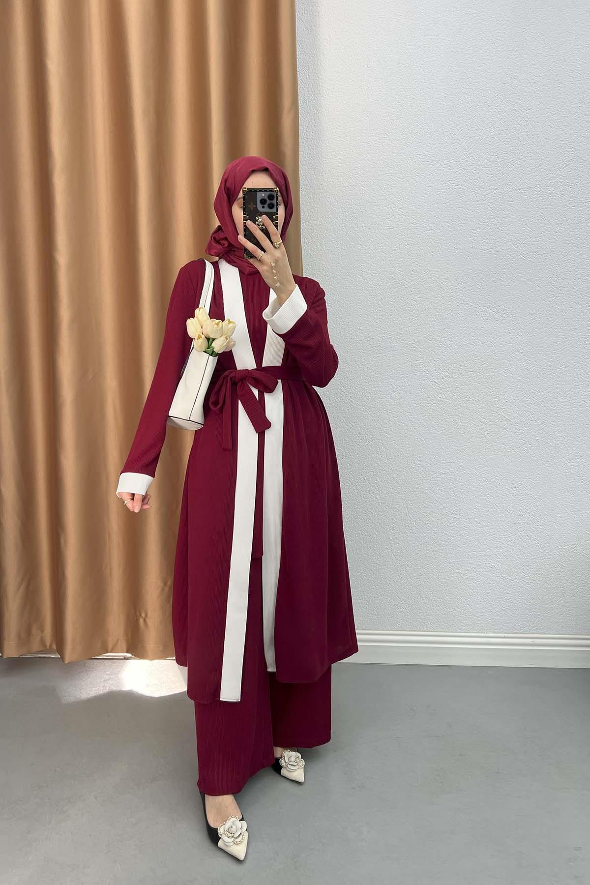 Fitilli Üçlü Takım Bordo