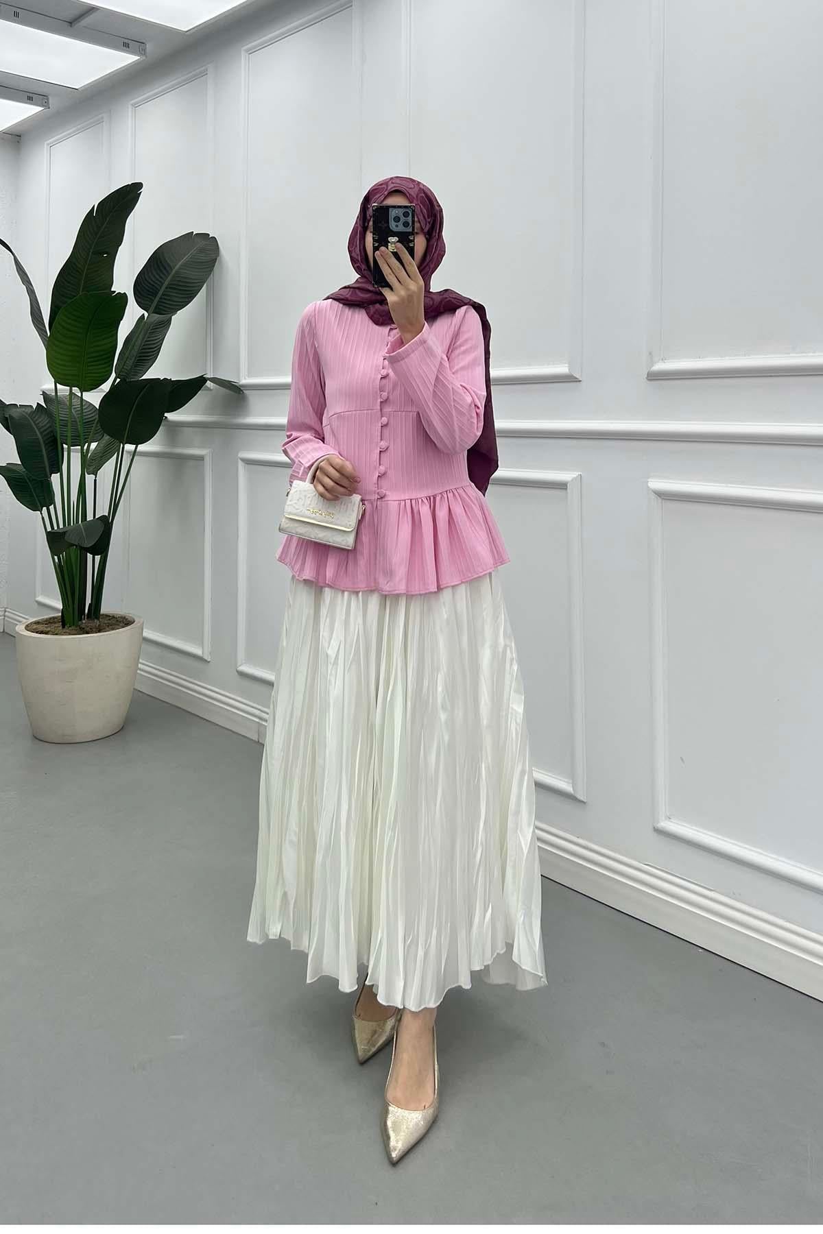 Fitilli ve Volanlı Peplum Gömlek Pembe