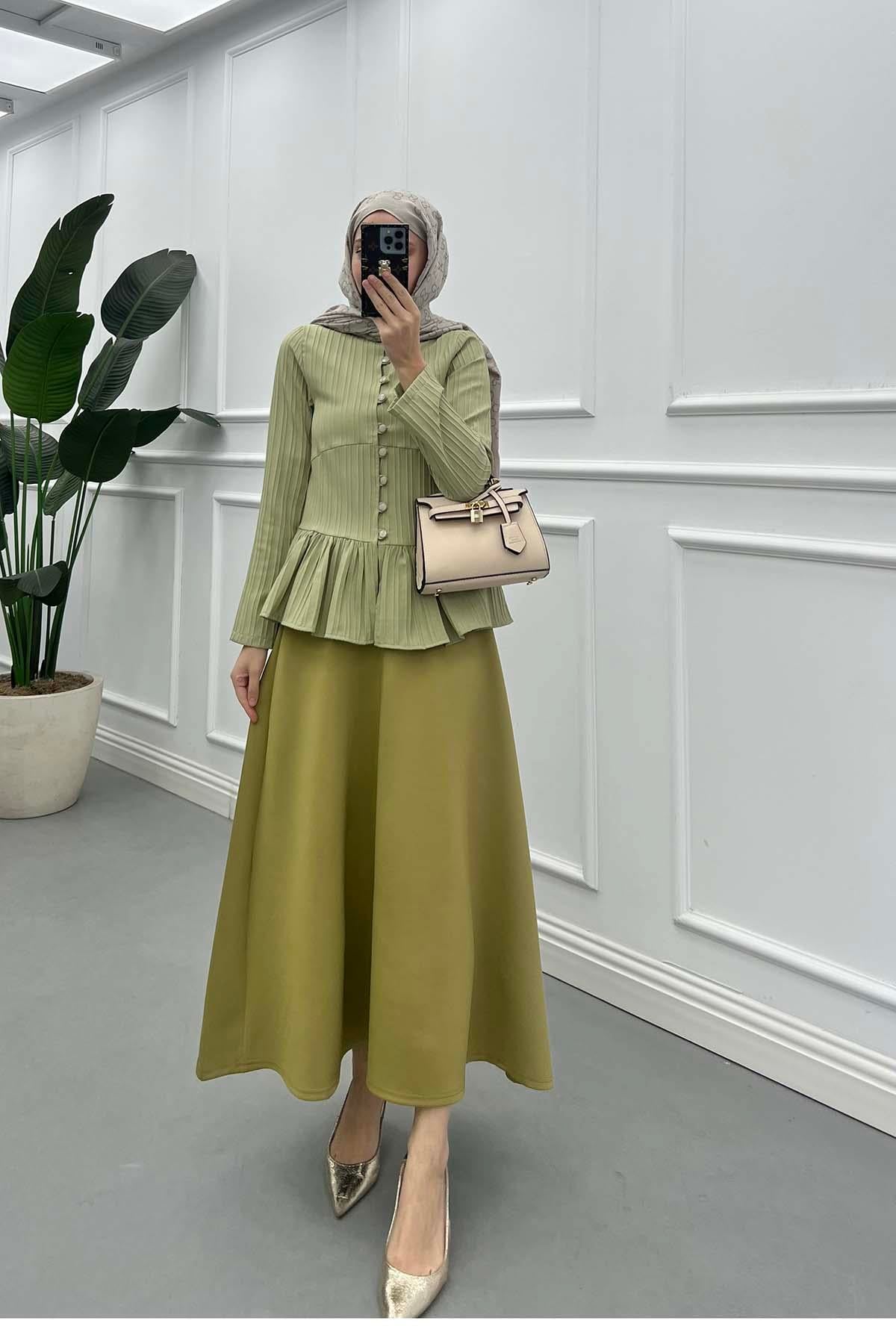 Fitilli ve Volanlı Peplum Gömlek Su Yeşili