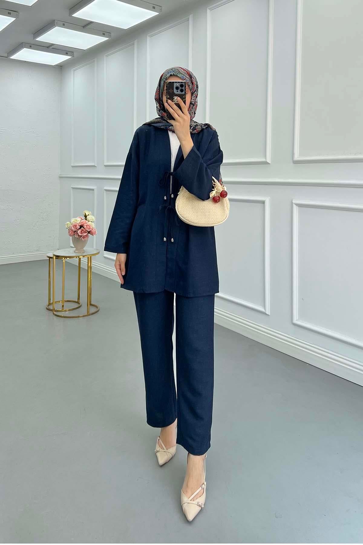 Fiyonk Bağlamalı Kimono Takım Lacivert
