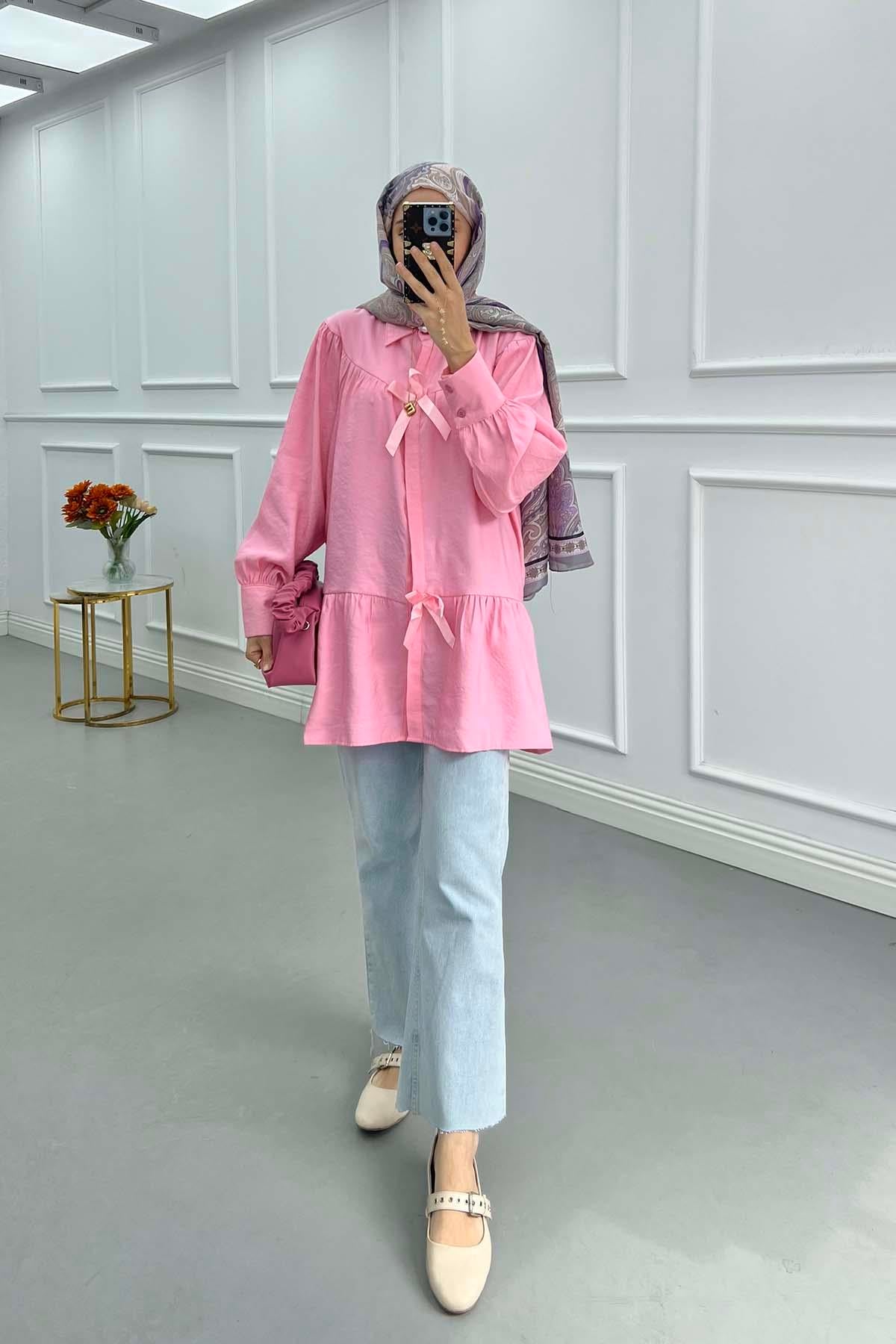 Fiyonk Detaylı Gabardin Gömlek Pembe