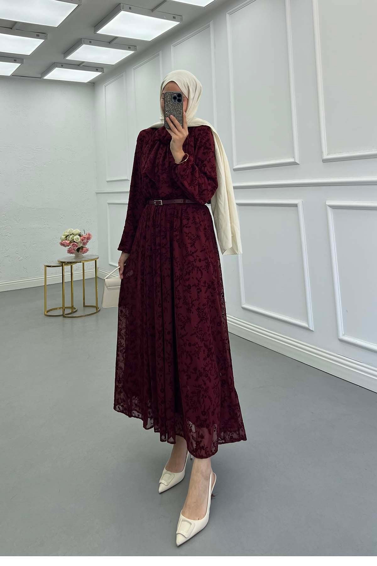 Floral Desenli Önü Pileli Kemerli Şık Takım Bordo