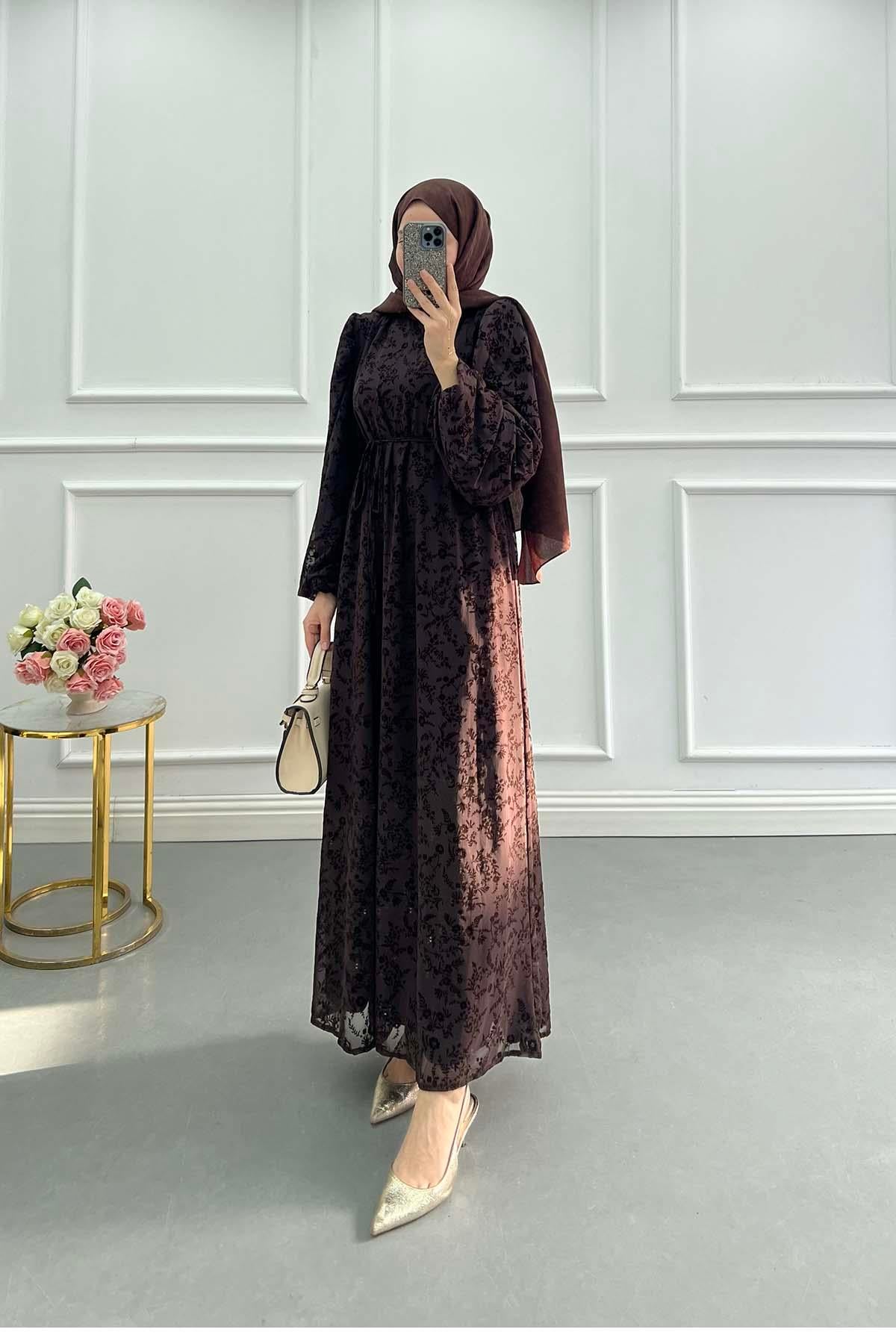 Floral Nakışlı İçlikli Tül Elbise Kahve