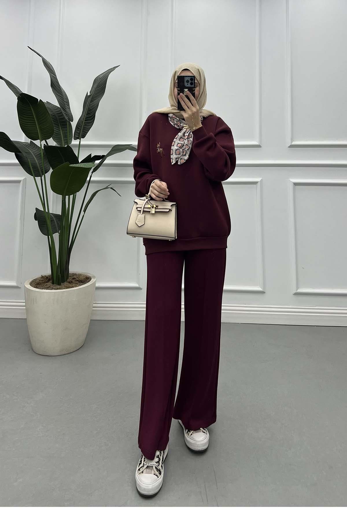 Fularlı Bambi Figürlü Üç İplik Sweat Bordo