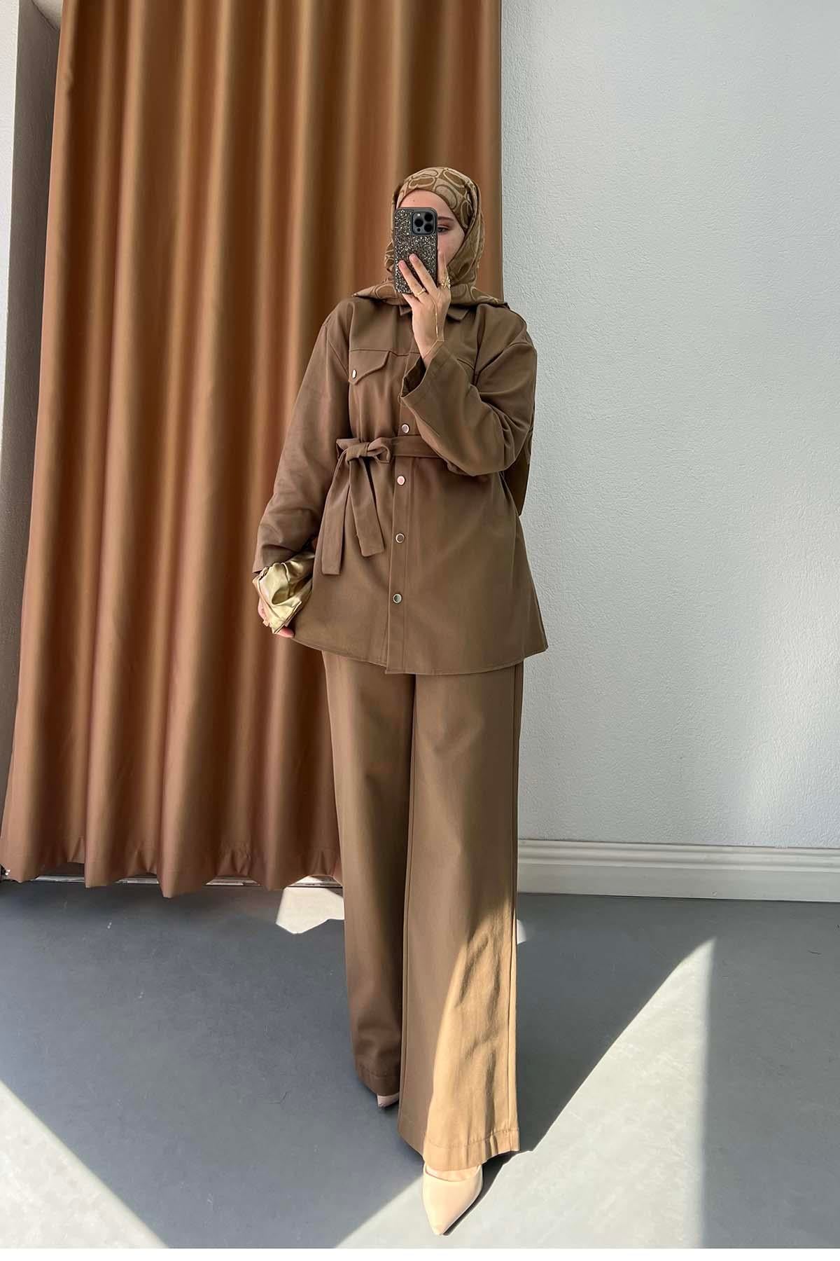 Gabardin Kumaş Çıt Çıtlı Safari Takım Taba