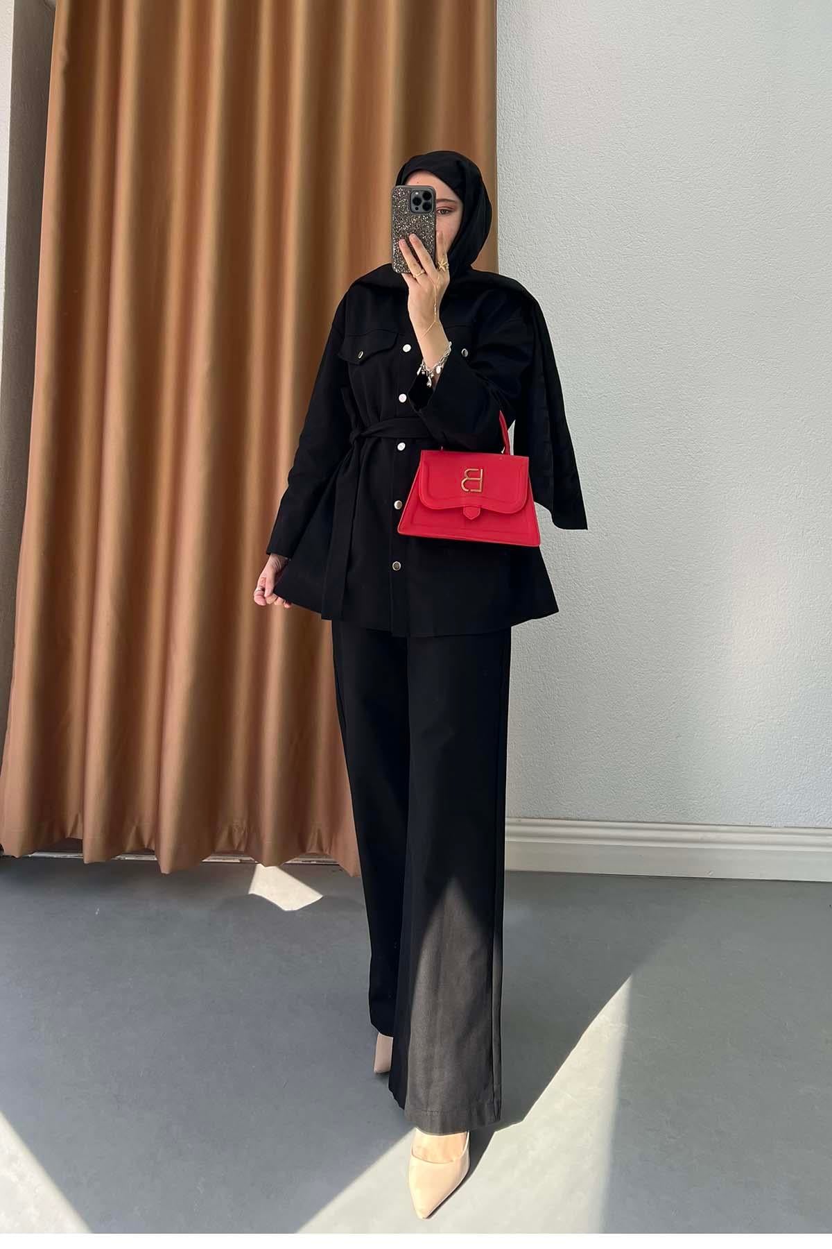 Gabardin Kumaş Çıt Çıtlı Safari Takım Siyah