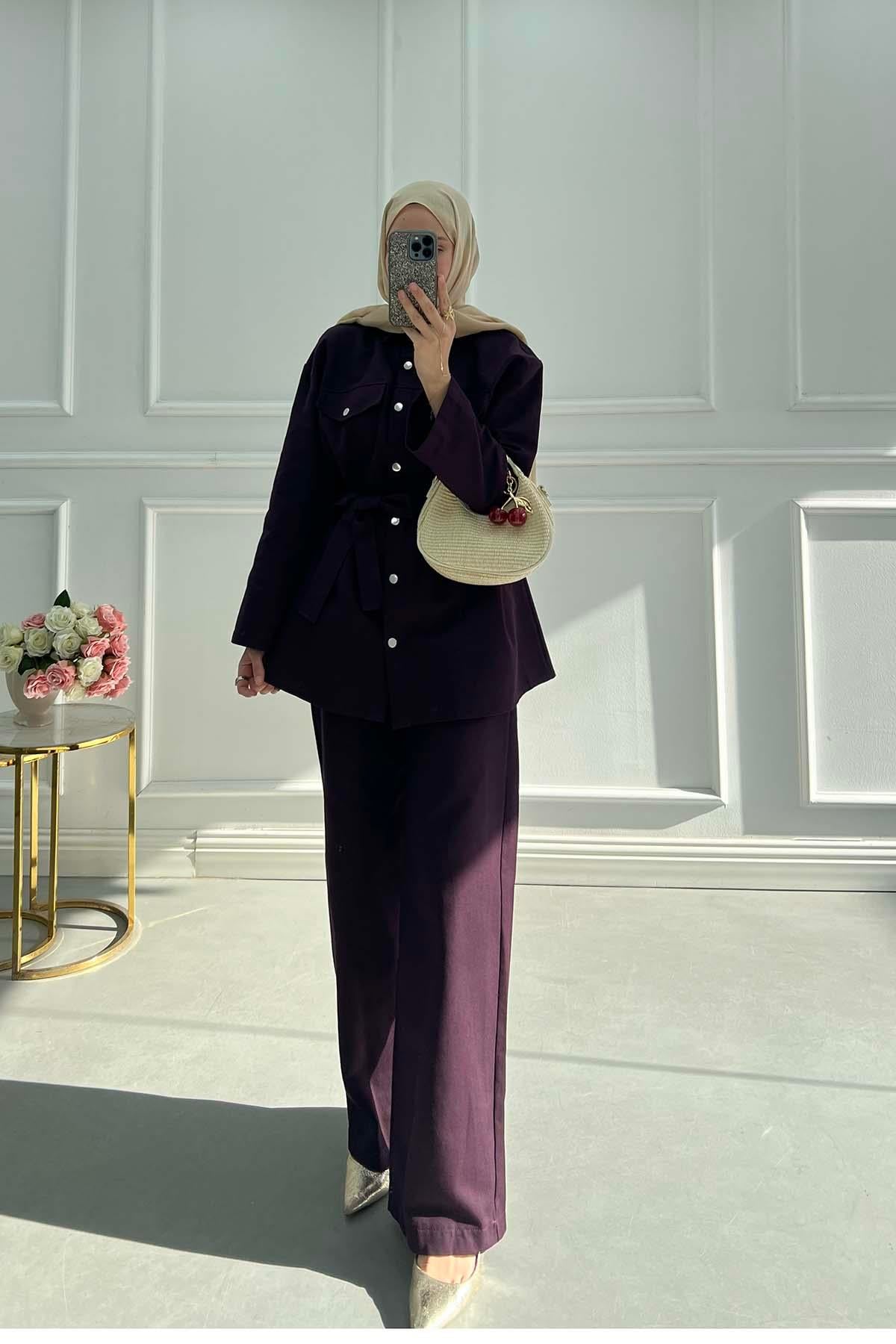Gabardin Kumaş Çıt Çıtlı Safari Takım Mürdüm