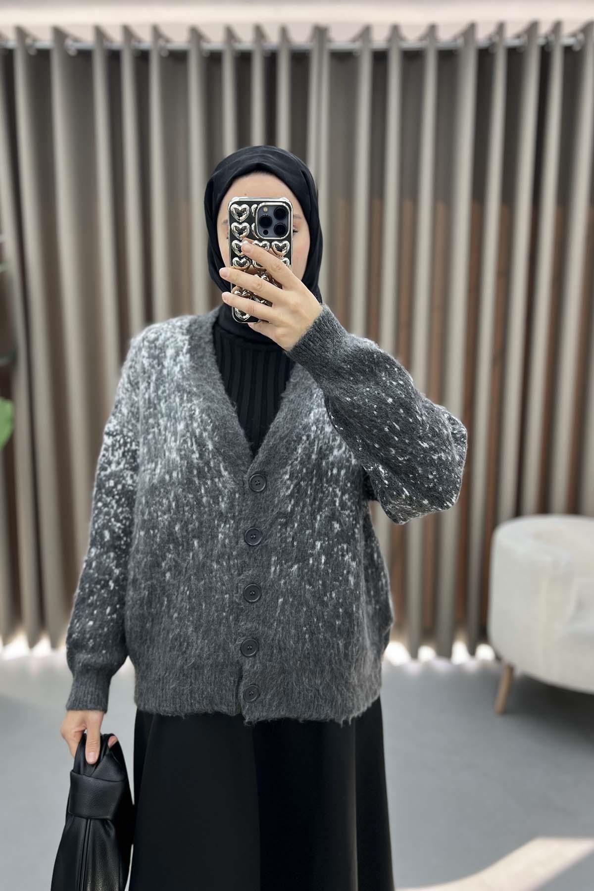 Geçiş Detaylı Triko Hırka Gri