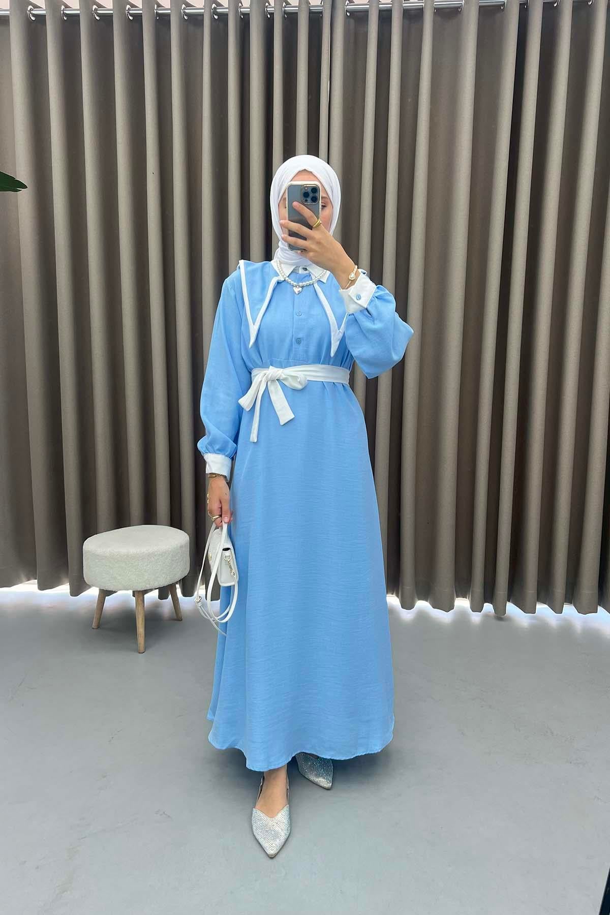 Geniş Yaka Elbise Mavi