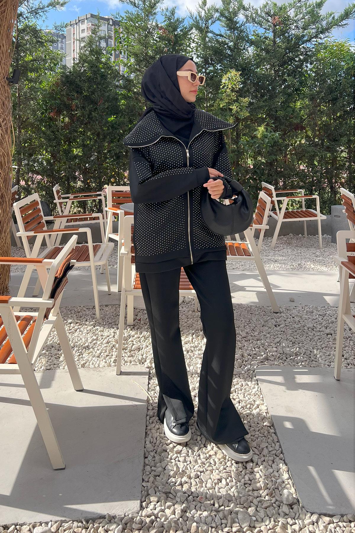 Geniş Yaka Fermuarlı Taşlı Scuba Takım Siyah