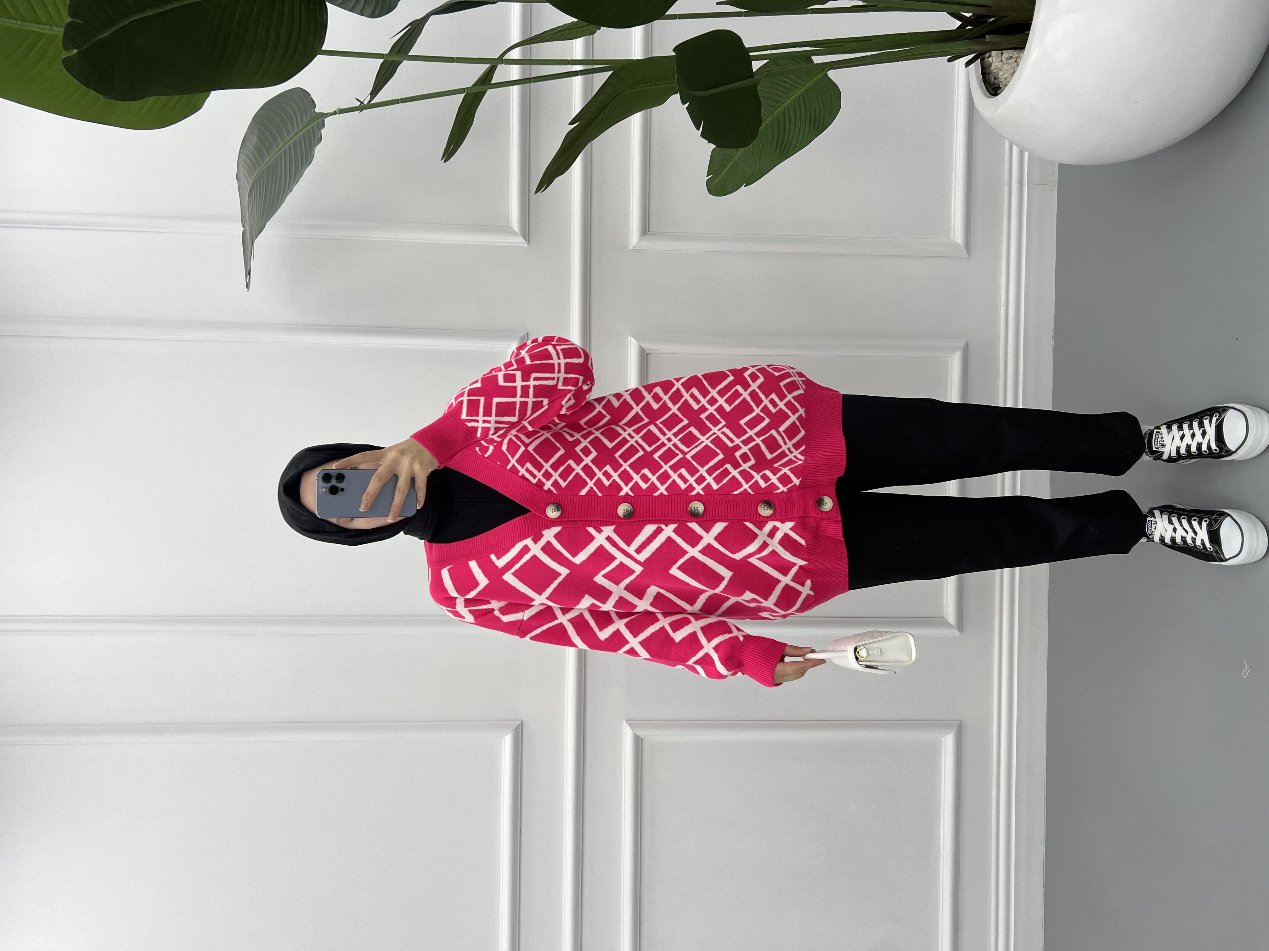 Geometrik Desen Triko Hırka Pembe