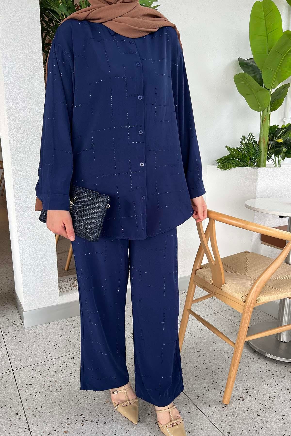 Geometrik Işıltılı Modern Gömlek Takım Saks Mavi
