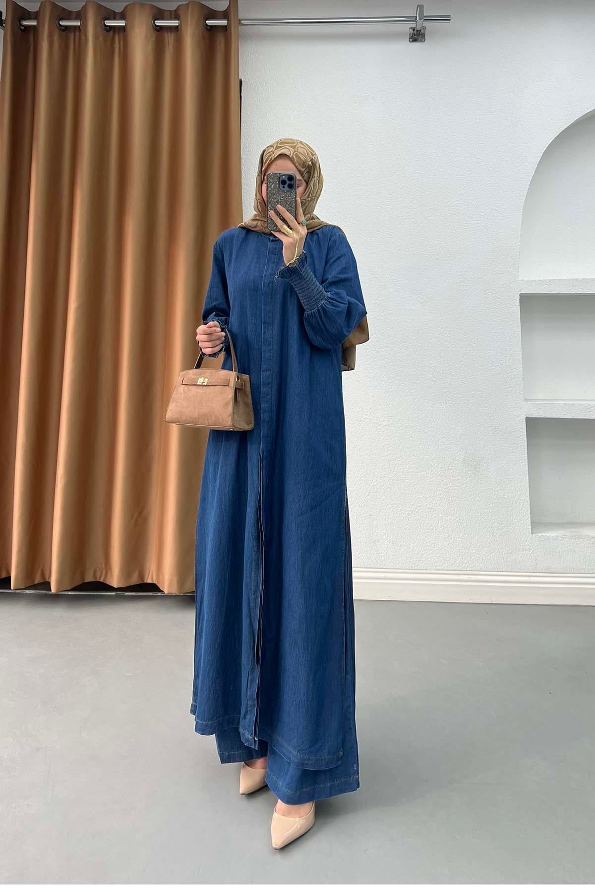 Gipe Kollu Hakim Yaka Denim Takım Mavi