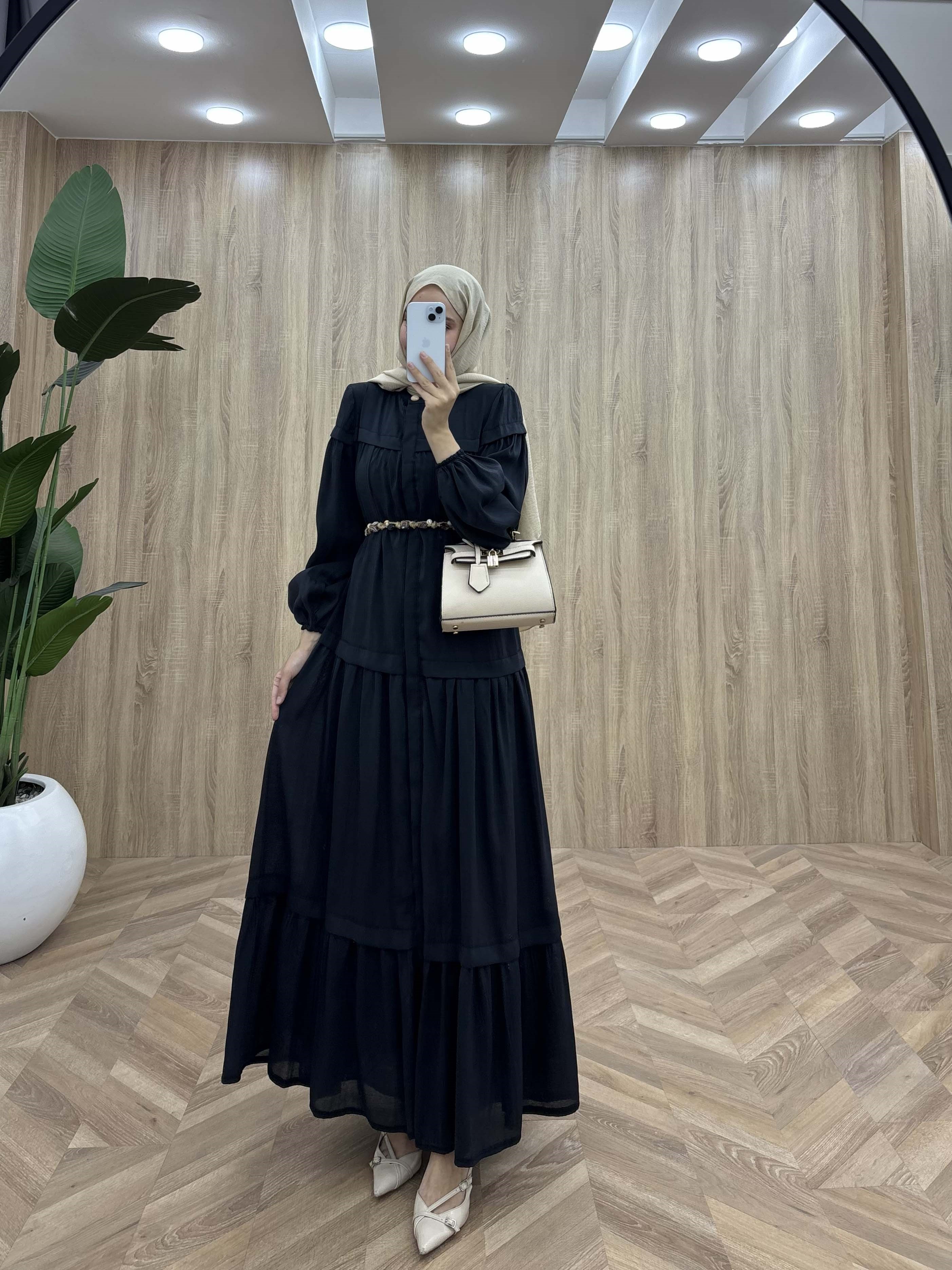 Gizli Patl Seyyar Kuşaklı Victoria Kesim Elbise Siyah