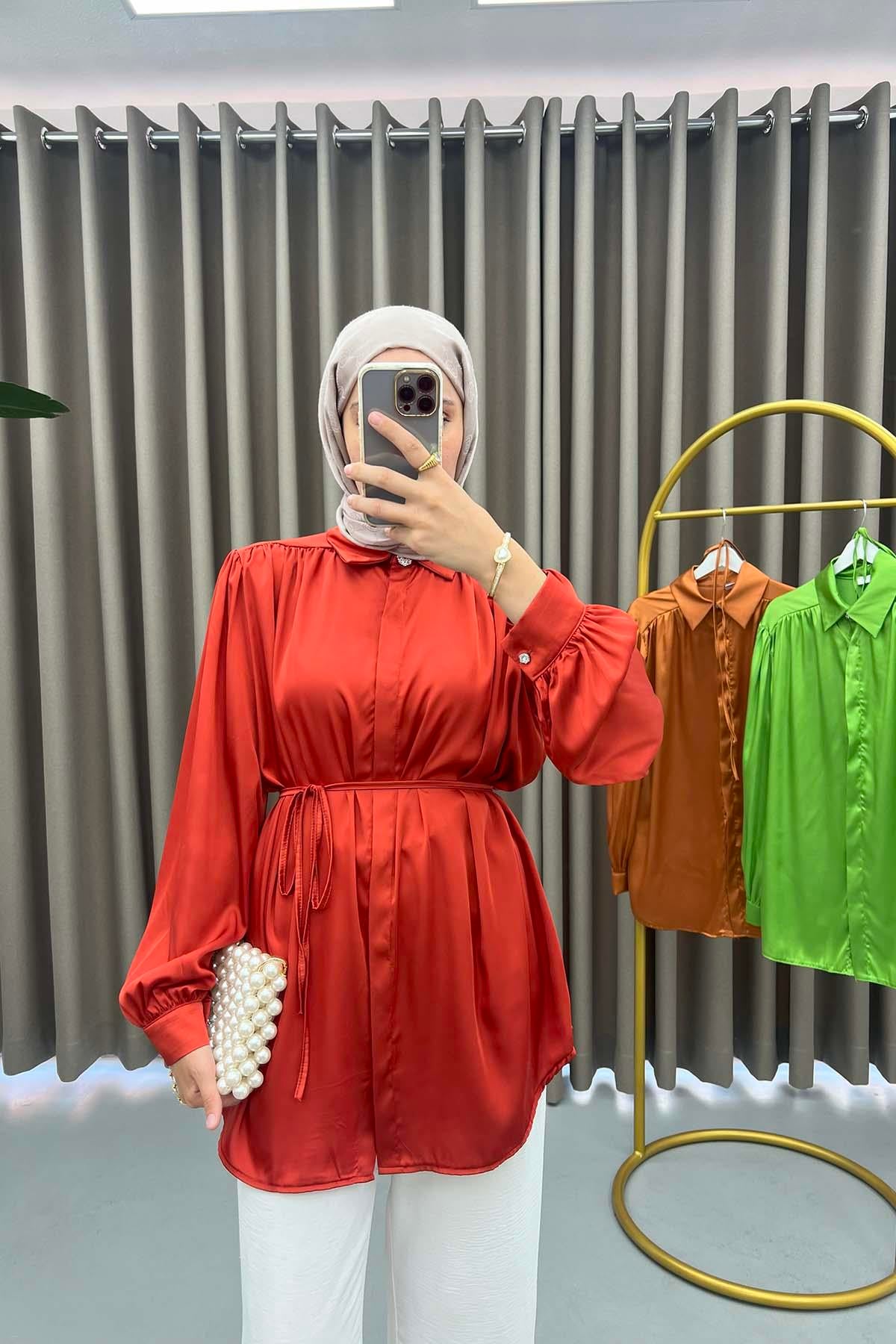 Gizli Patlı Saten Gömlek Bordo