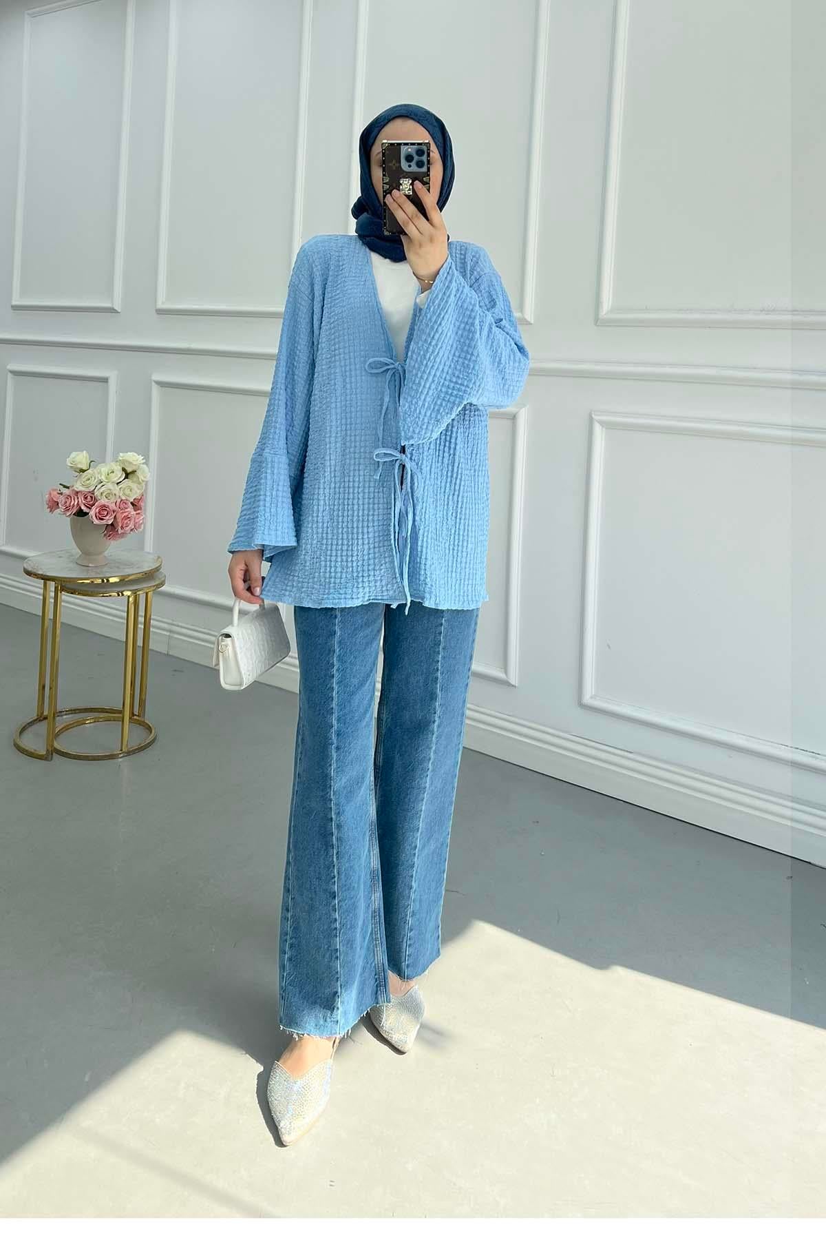 Gofre Desen Bağlamalı Kimono Mavi