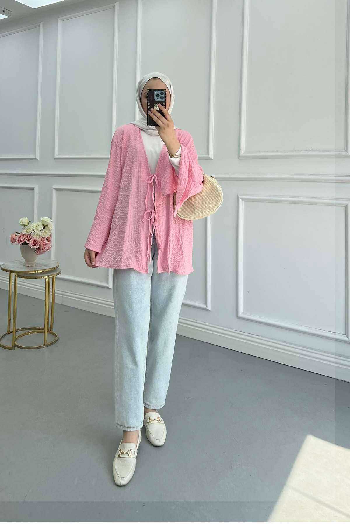 Gofre Desen Bağlamalı Kimono Pembe