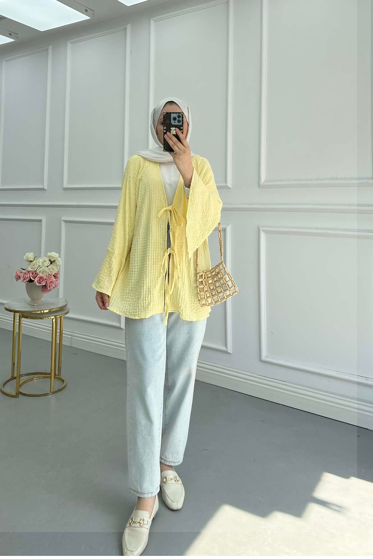 Gofre Desen Bağlamalı Kimono Sarı