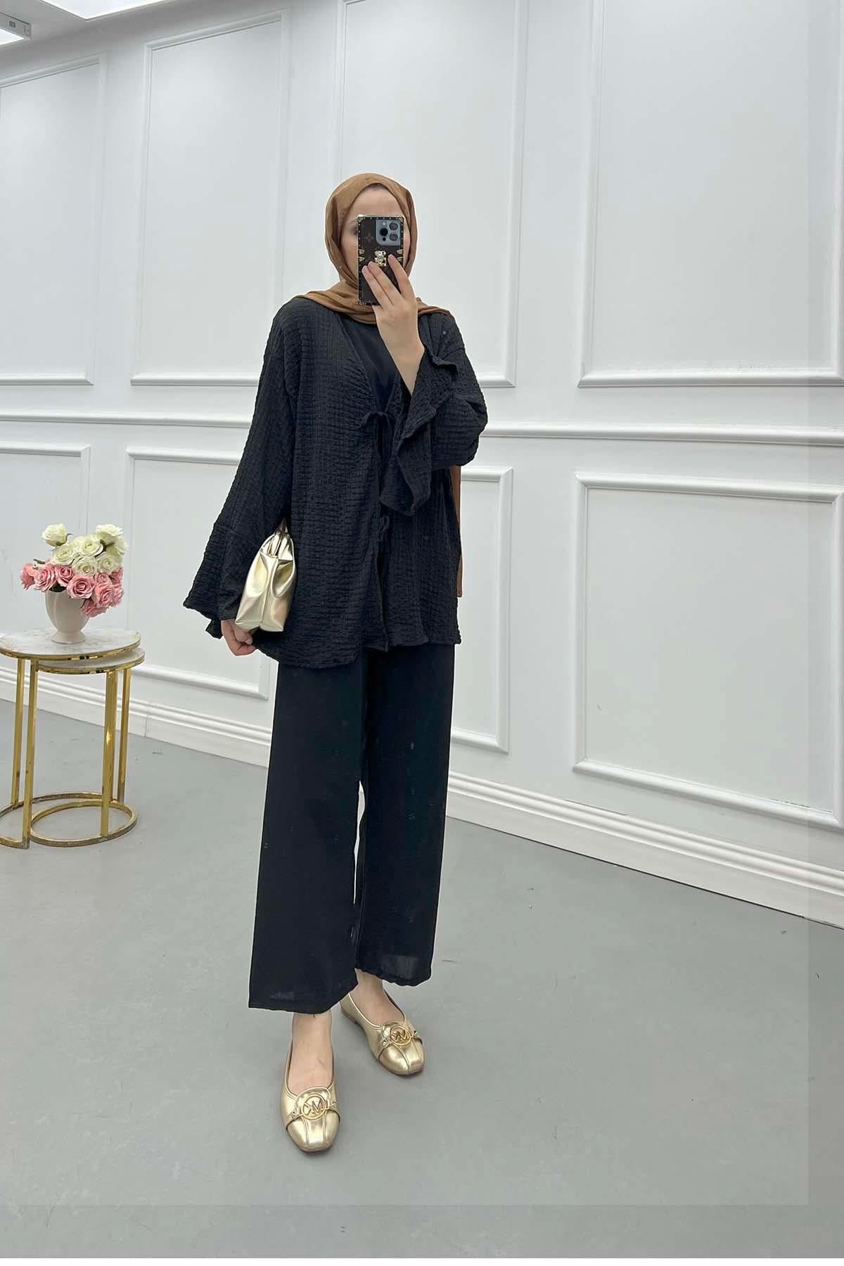 Gofre Desen Bağlamalı Kimono Siyah