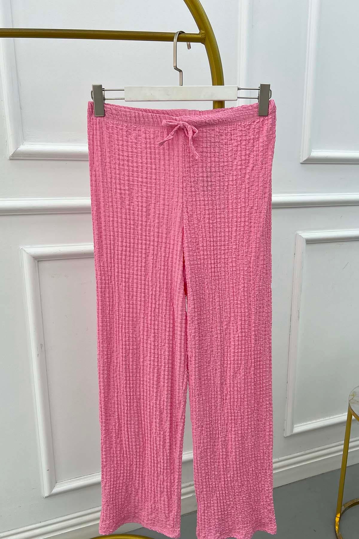 Gofre Desen Beli Lastikli Pantolon Pembe