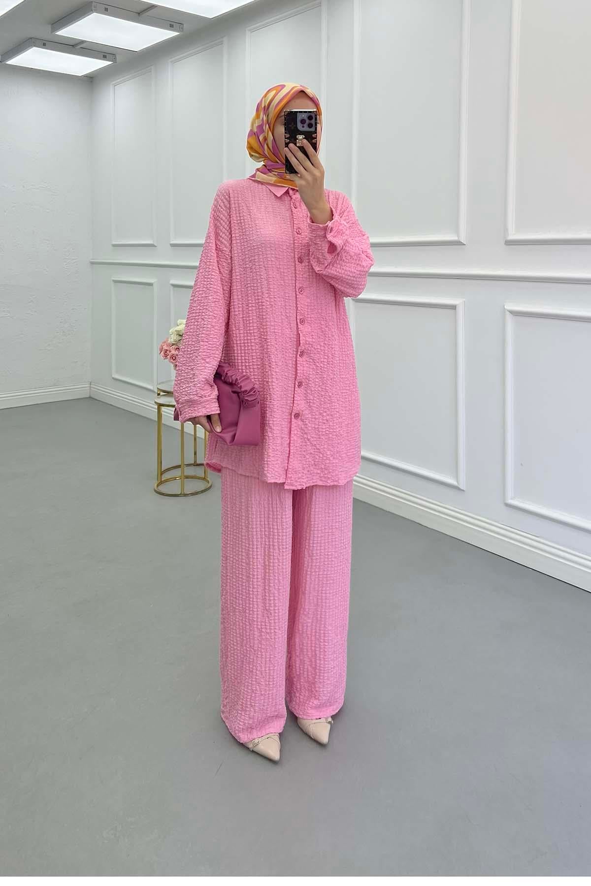Gofre Desenli İkili Takım Pembe