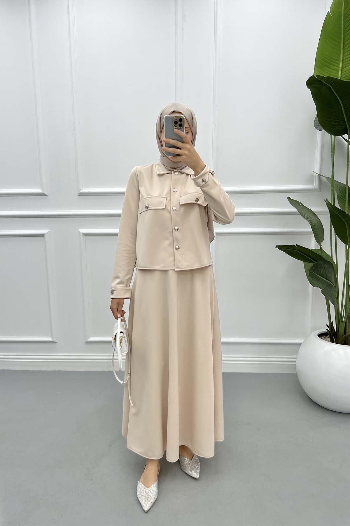 Gold Düğmeli Etek Takım Taş