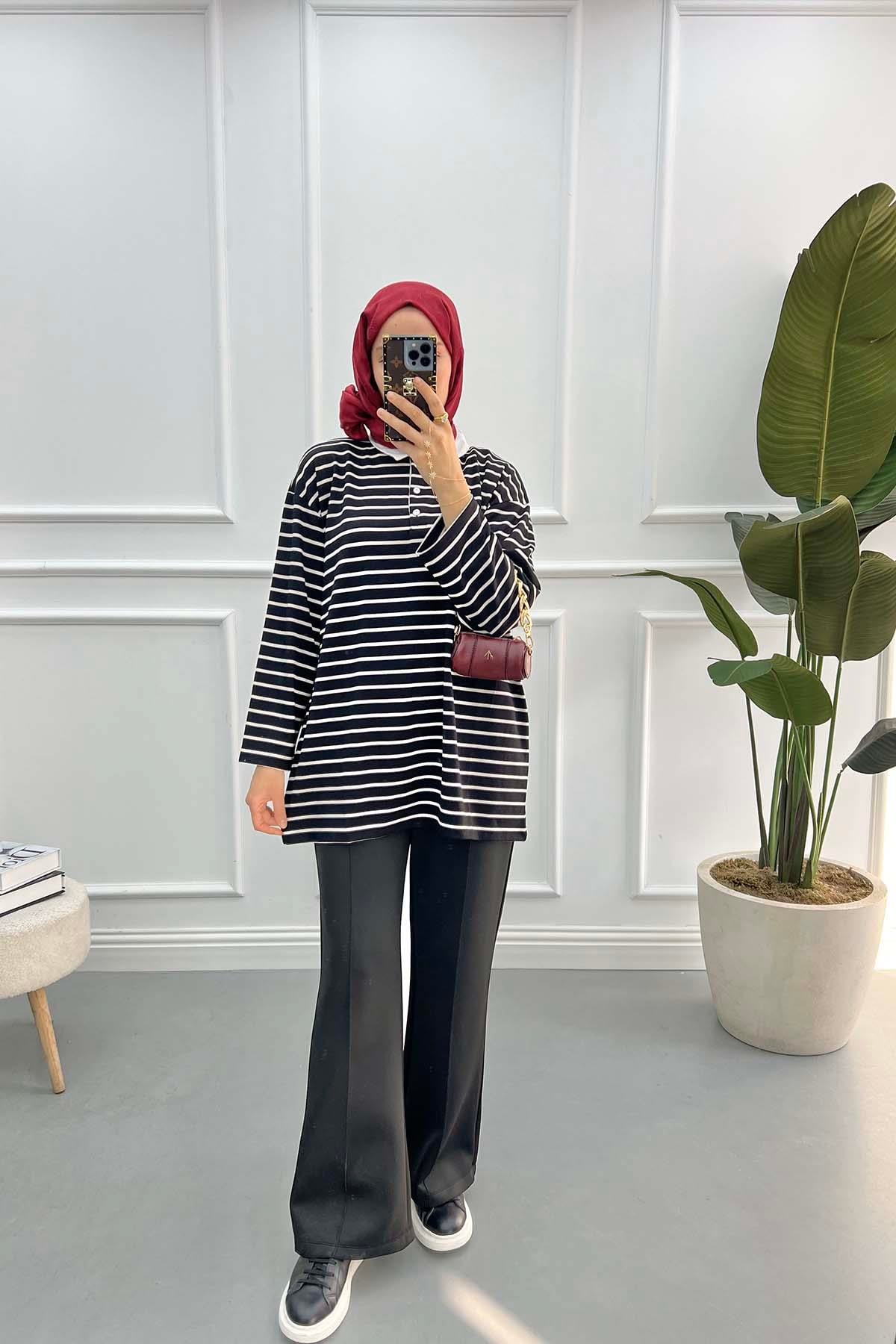 Gömlek Yaka Çizgili Sweatshirt Siyah