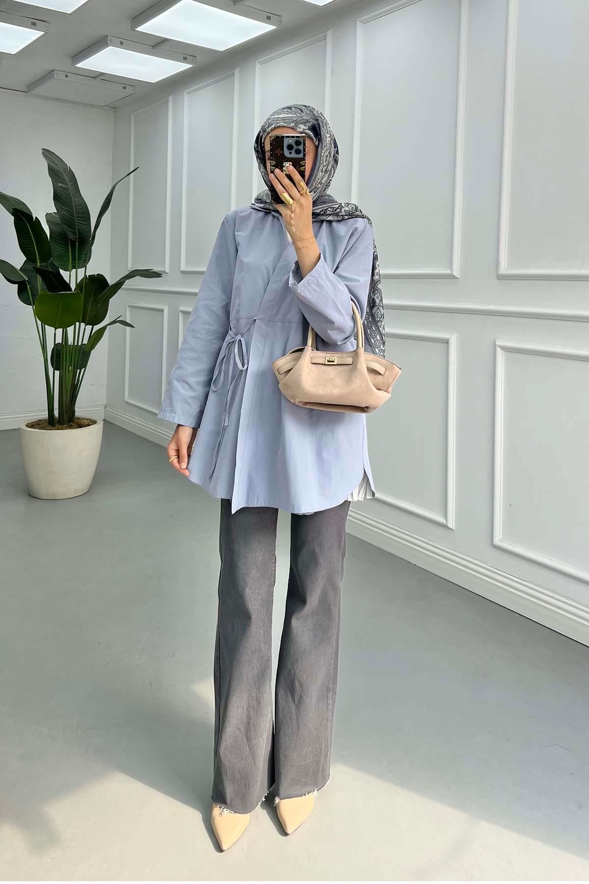 Gömlek Yaka Önden Bağlamalı Kimono Açık Gri
