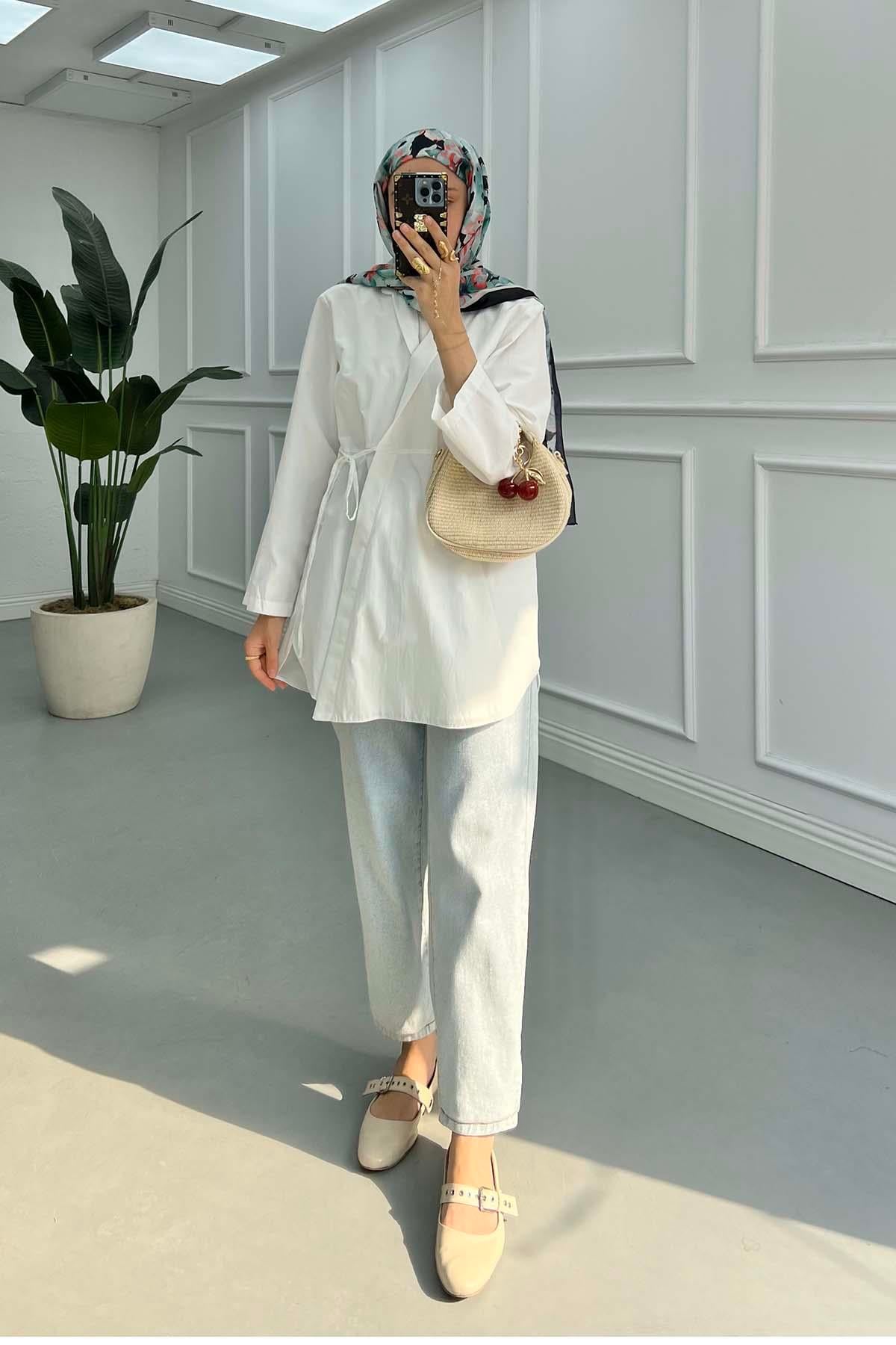 Gömlek Yaka Önden Bağlamalı Kimono Beyaz