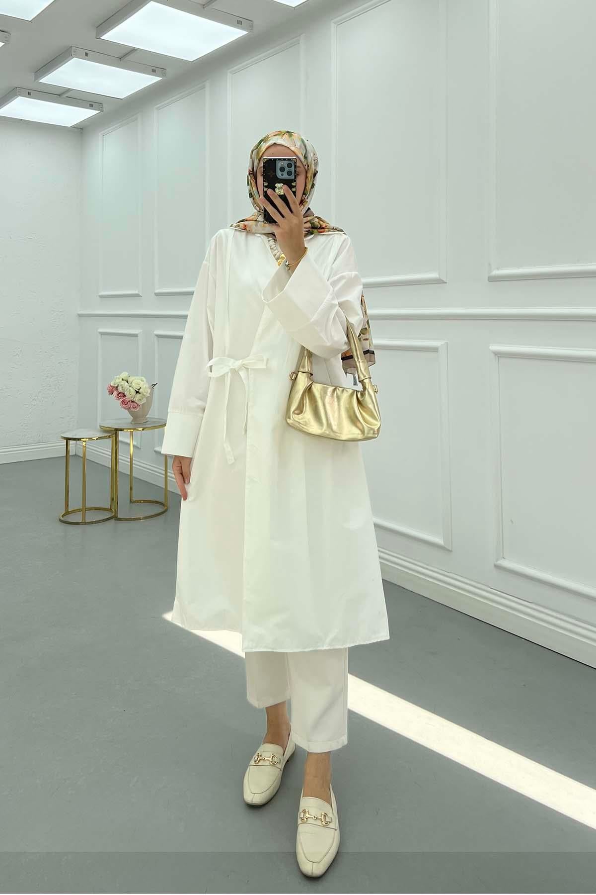 Gömlek Yaka Poplin Kimono Beyaz