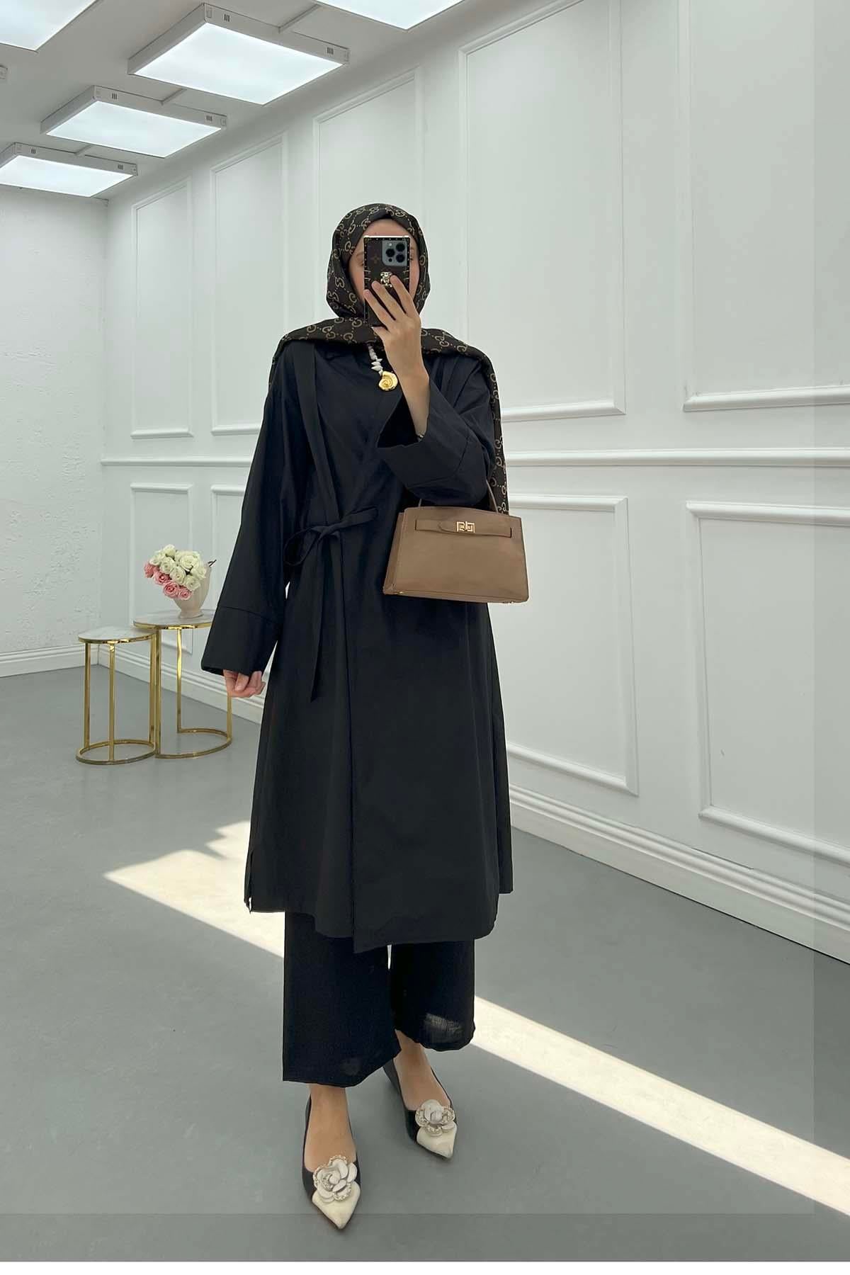 Gömlek Yaka Poplin Kimono Siyah