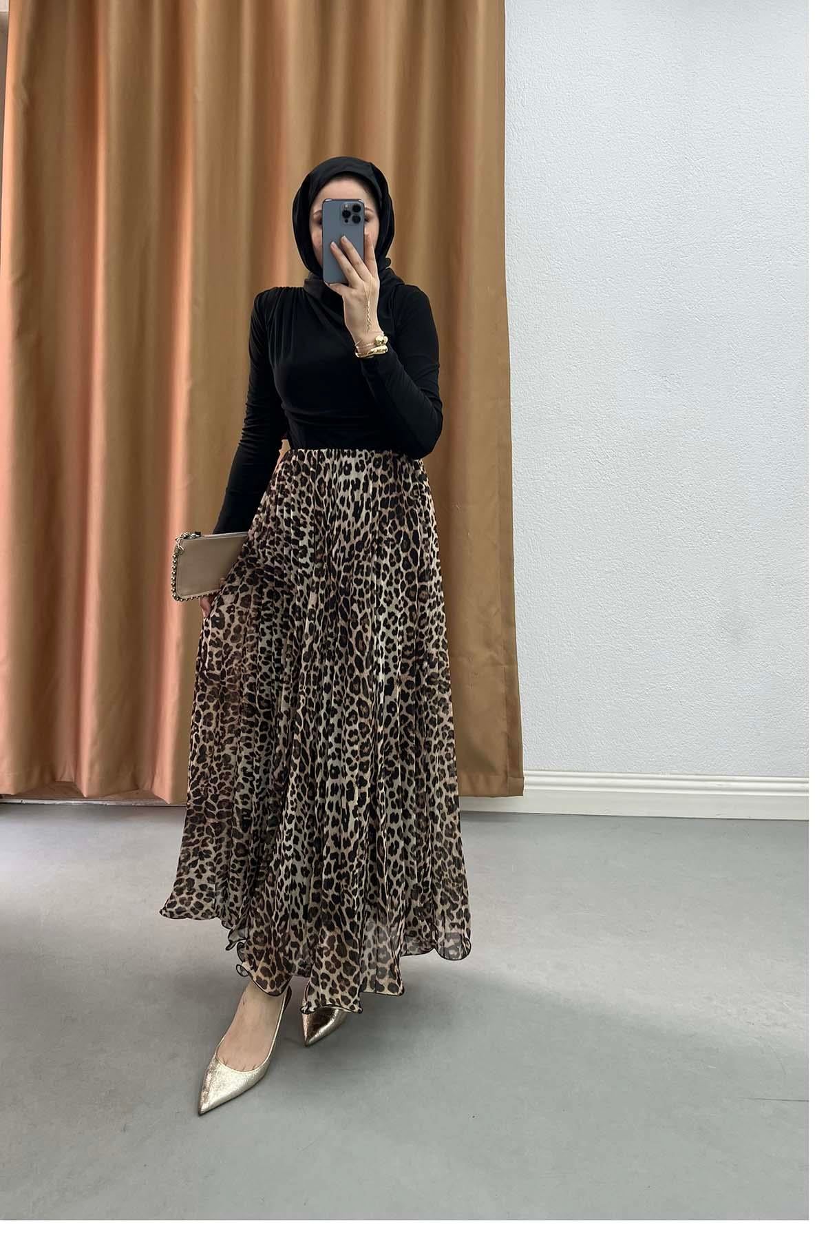 Grogren Kesim Leopar Desenli Şifon Etek Leopar