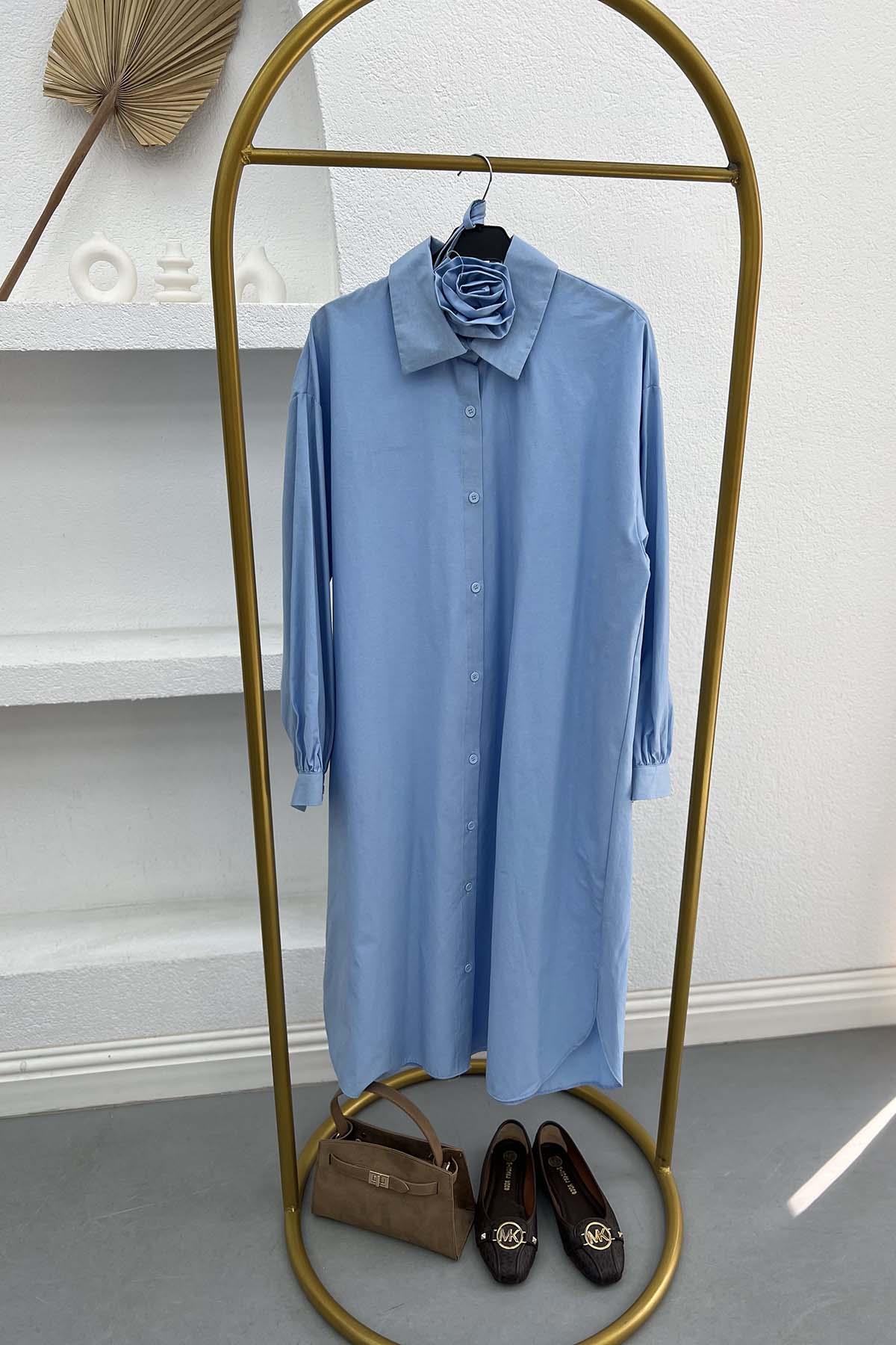 Gül Kuşaklı Poplin Tunik Bebe Mavi