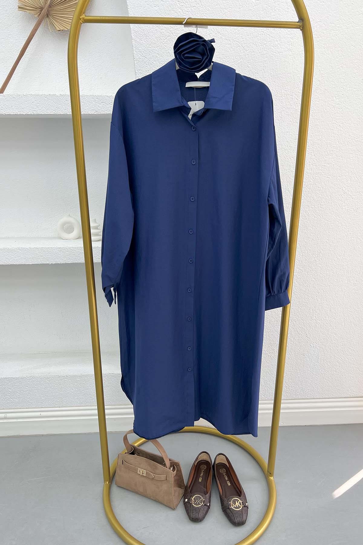 Gül Kuşaklı Poplin Tunik Lacivert