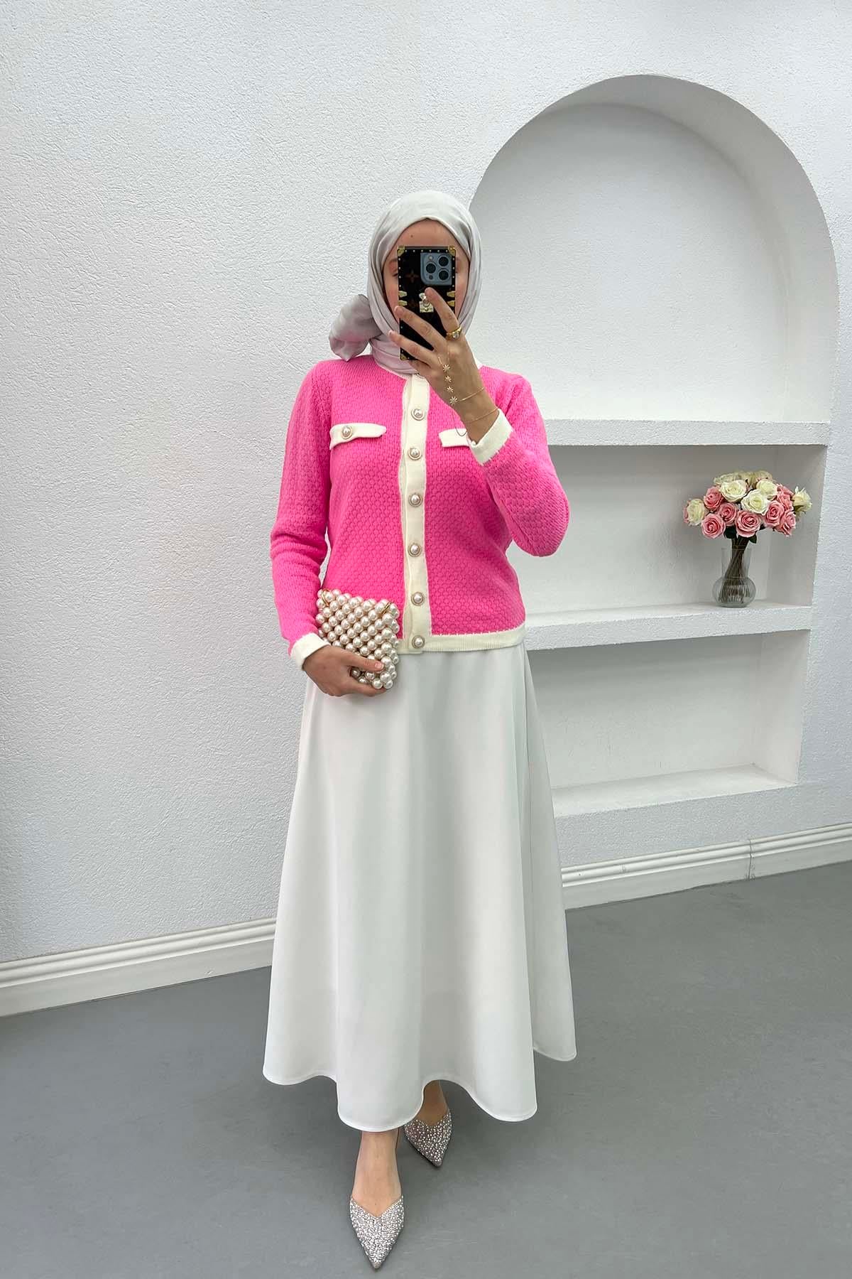 İnci Düğme Detaylı Hırka Pembe