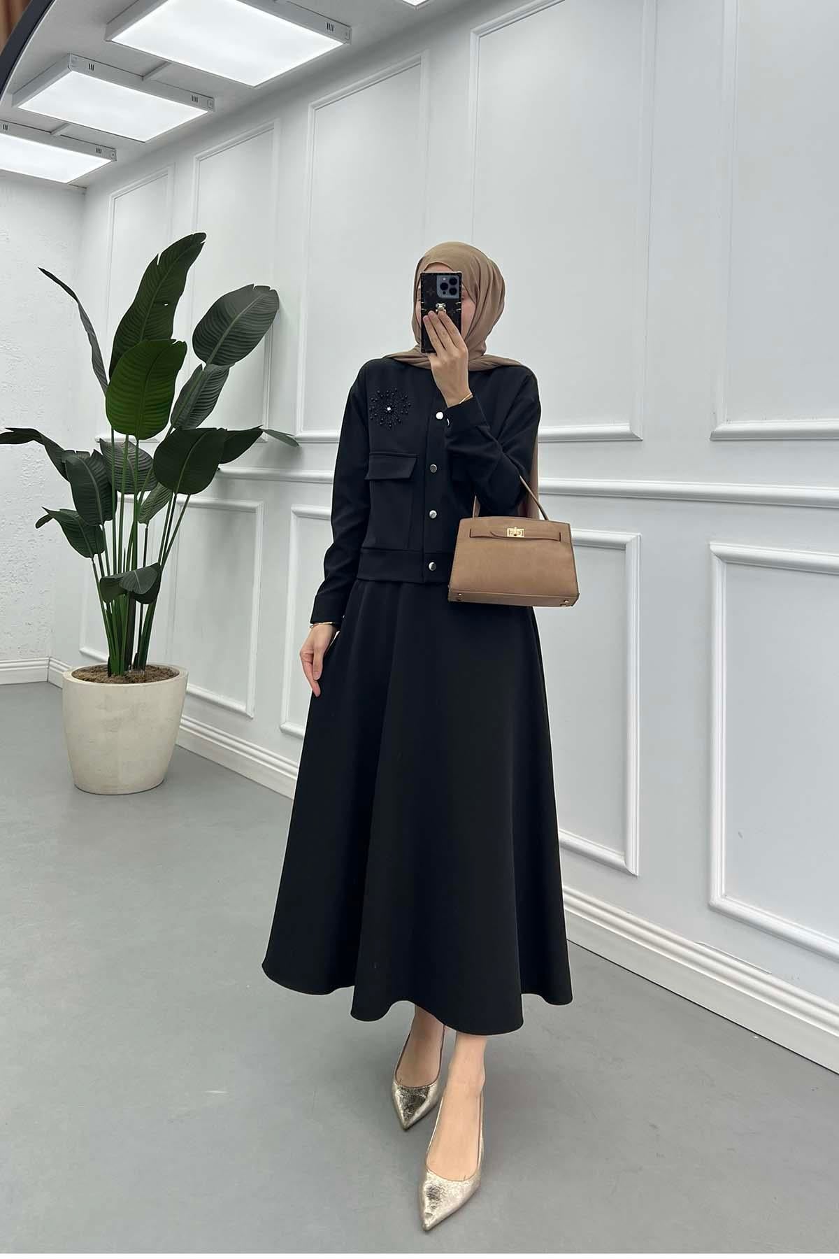 İnci ve Taş İşlemeli Çıtçıtlı Astral Takım Siyah