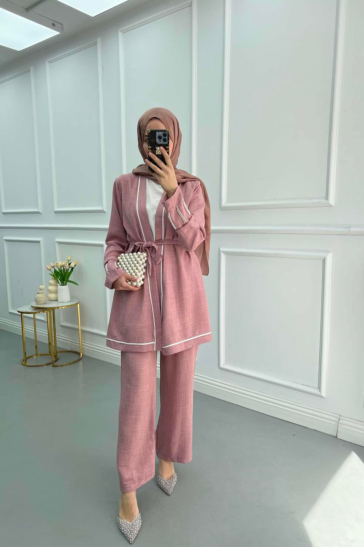 İncili Biyeli Üçlü Takım Gül Kurusu