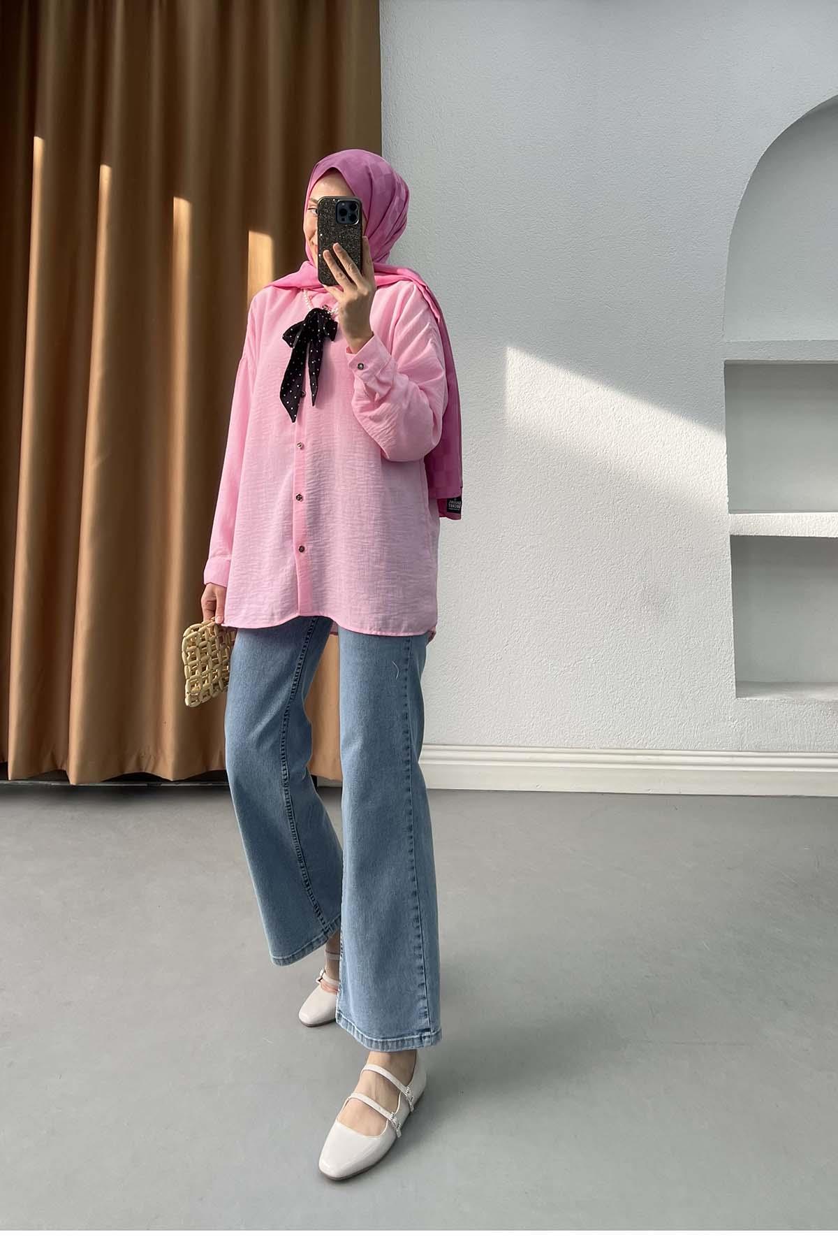 İncili ve Puantiye Fularlı Modern Keten Gömlek Pembe
