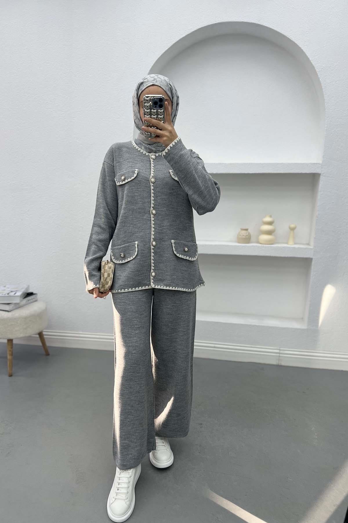 İşlemeli Pinterest Takım Gri