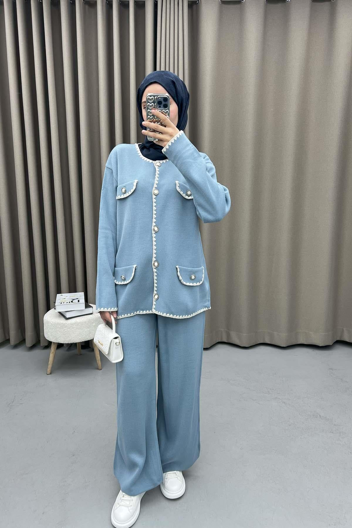 İşlemeli Pinterest Takım Mavi