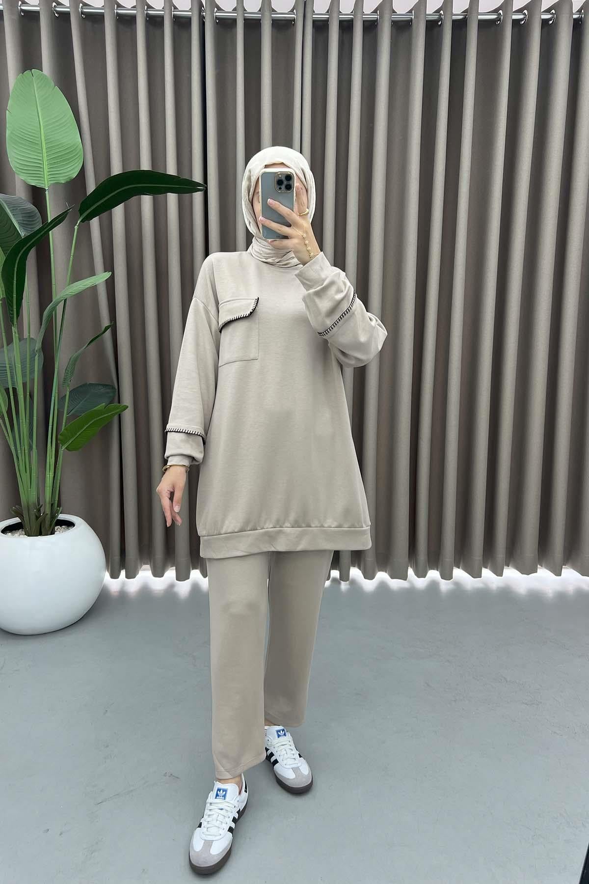 İşlemeli Sweat Takım Bej