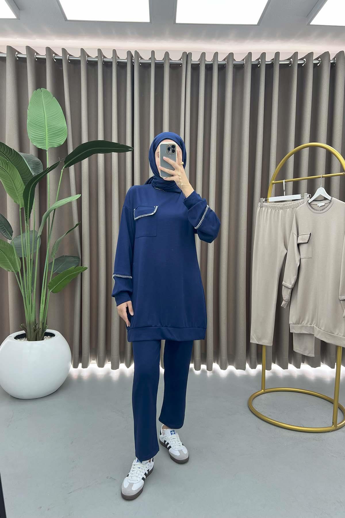 İşlemeli Sweat Takım Lacivert